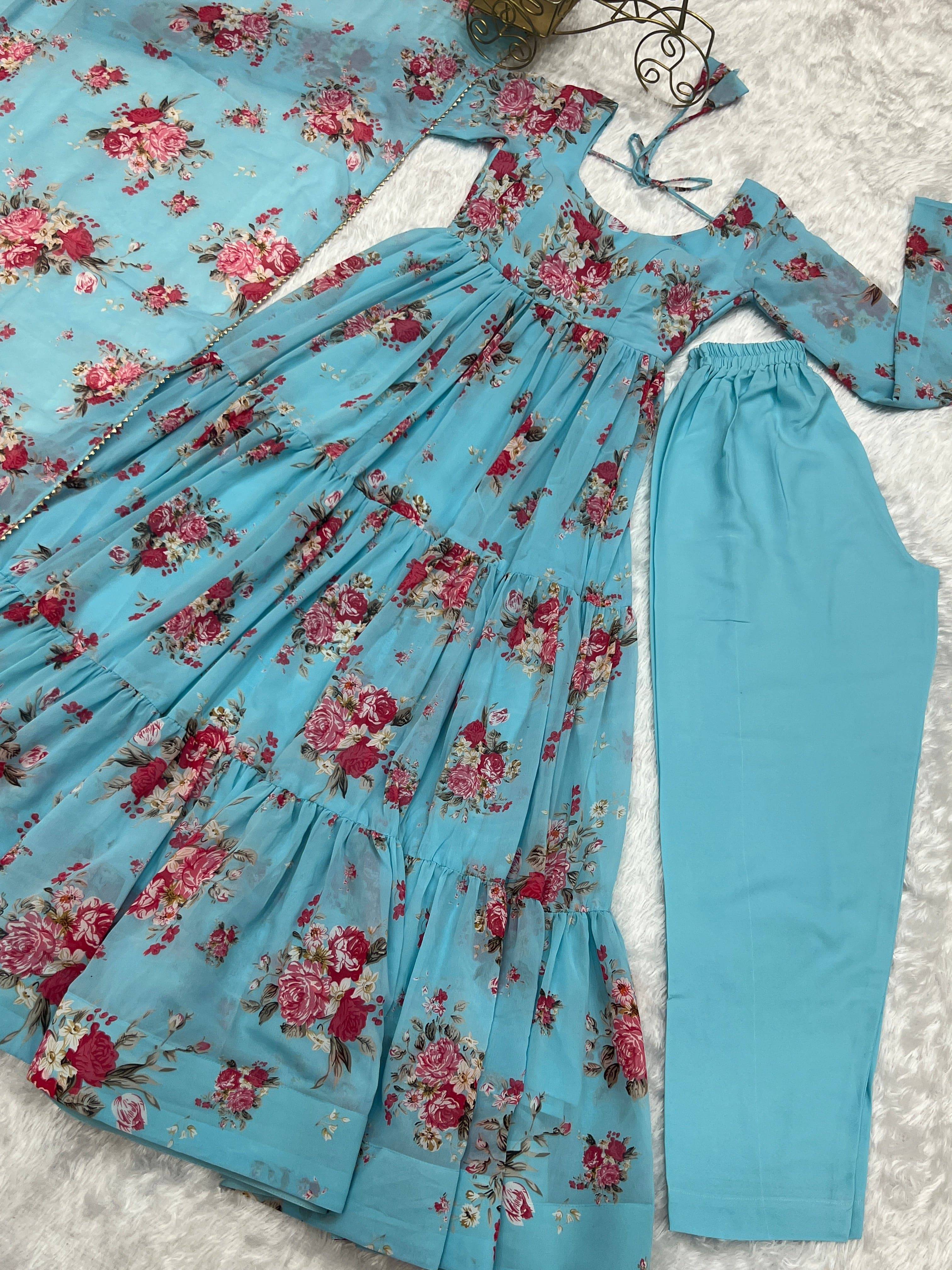 Radiant Sky Blue Floral Printed Fully Stitched Anarkali Pant Suit