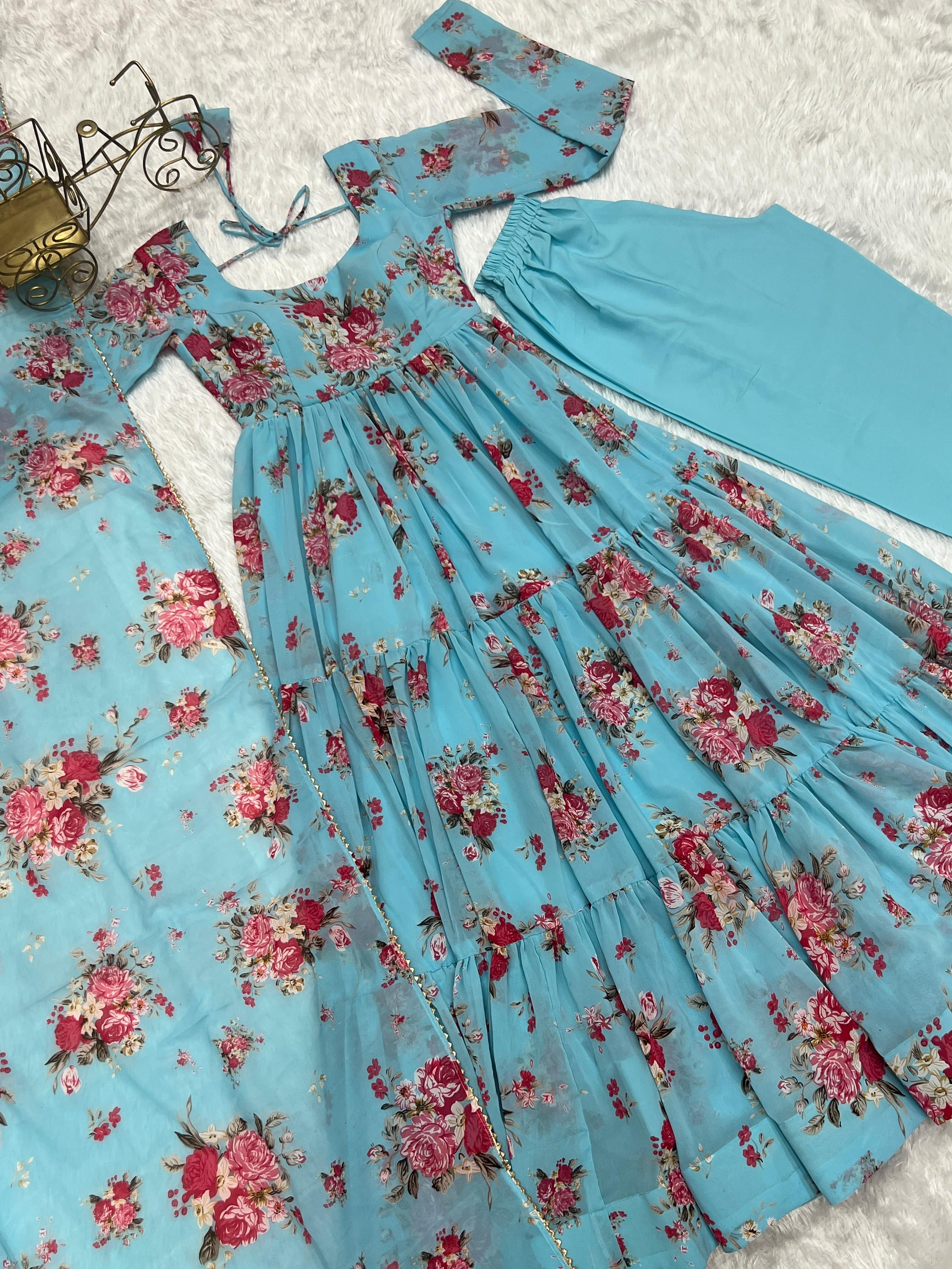 Radiant Sky Blue Floral Printed Fully Stitched Anarkali Pant Suit