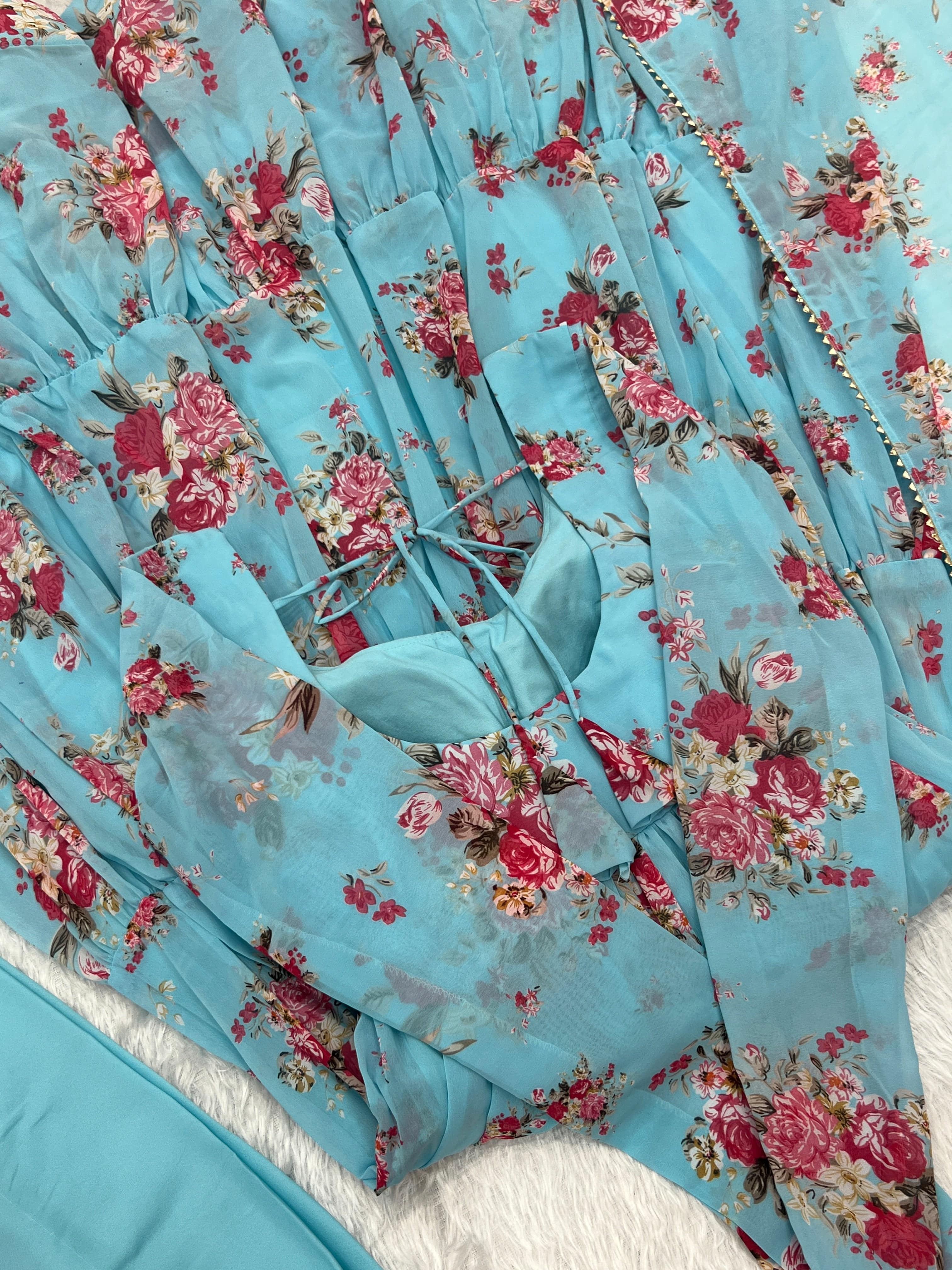 Radiant Sky Blue Floral Printed Fully Stitched Anarkali Pant Suit