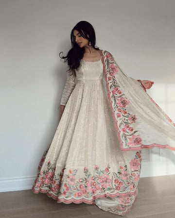 White Vichitra Silk Sequin Embroidered Anarkali Suit Set
