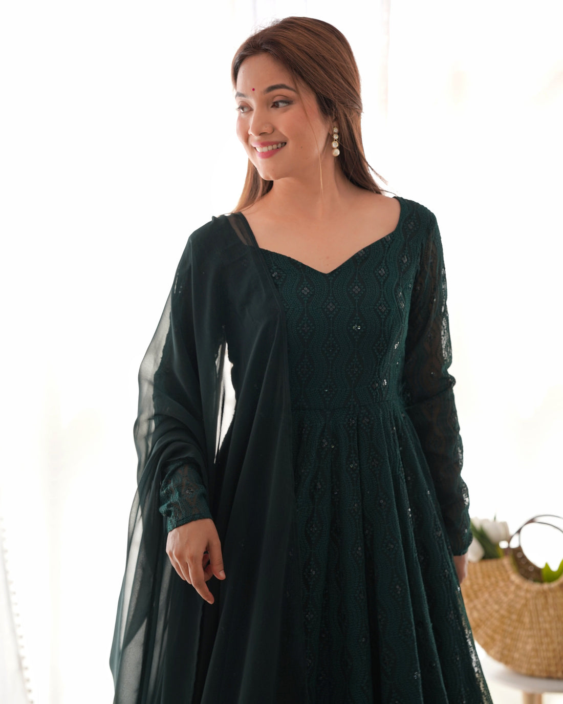 Green Lucknowi Faux Georgette Anarkali Suit Set