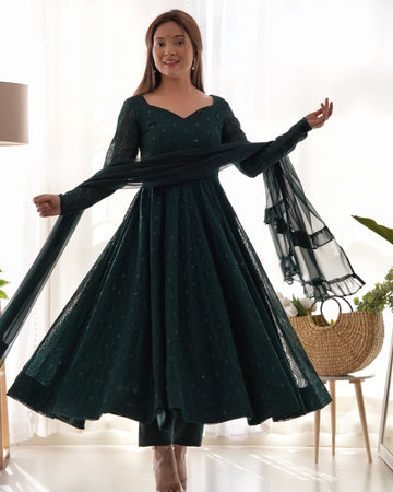Green Lucknowi Faux Georgette Anarkali Suit Set