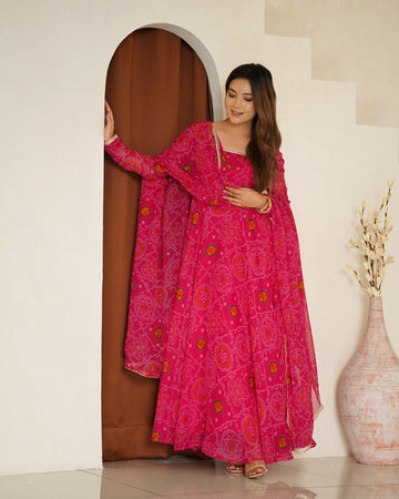 Rani Bandhani Chiffon Anarkali Gown with Dupatta