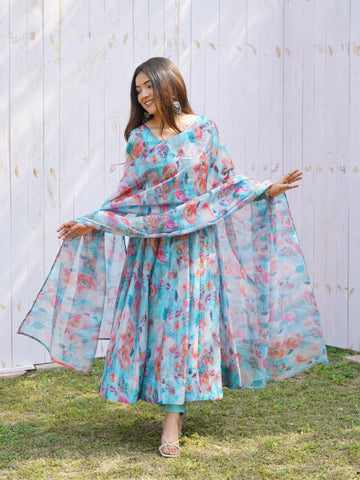 Dusty Blue Tabby Organza Anarkali Suit Set