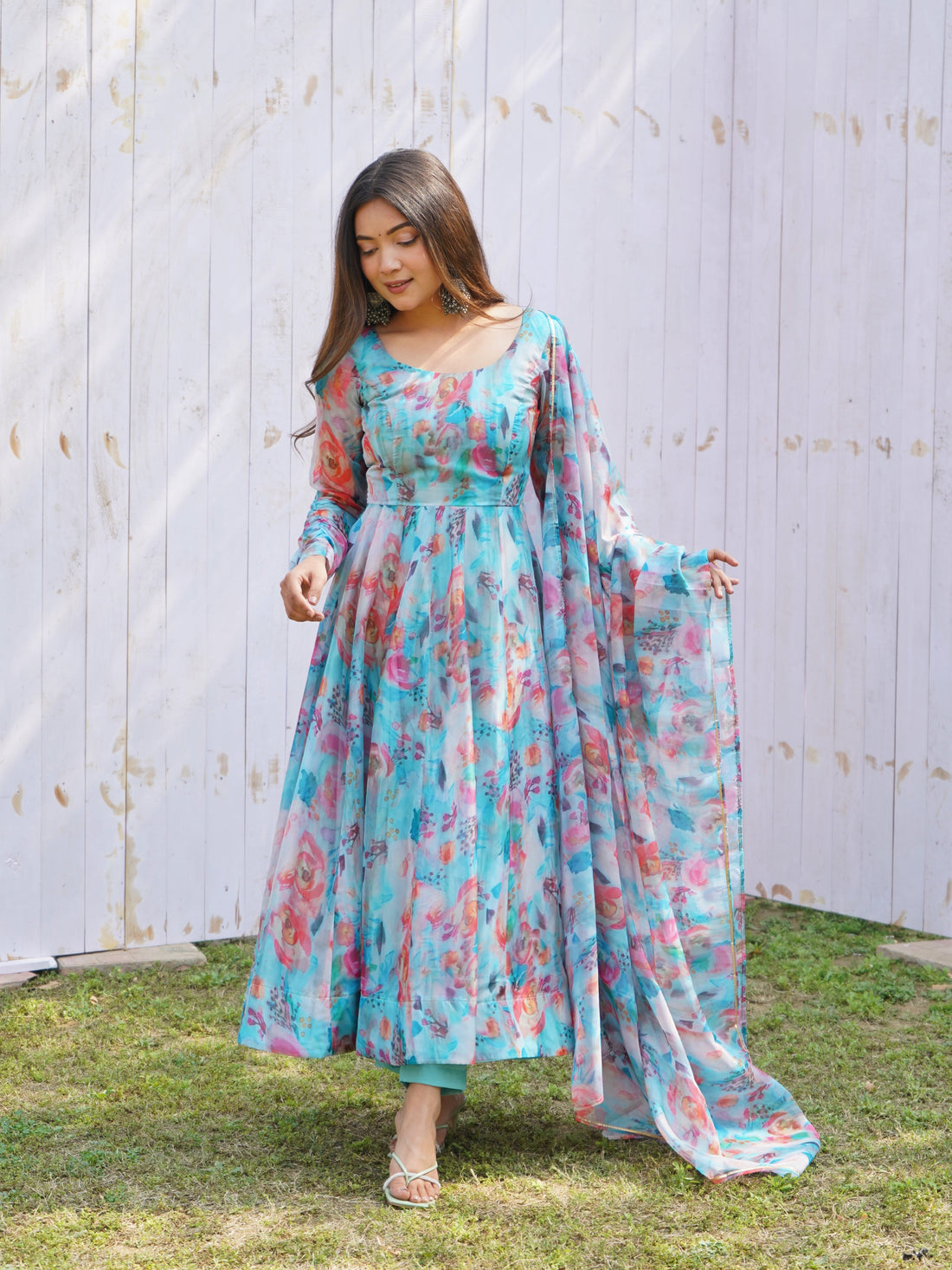 Dusty Blue Tabby Organza Anarkali Suit Set
