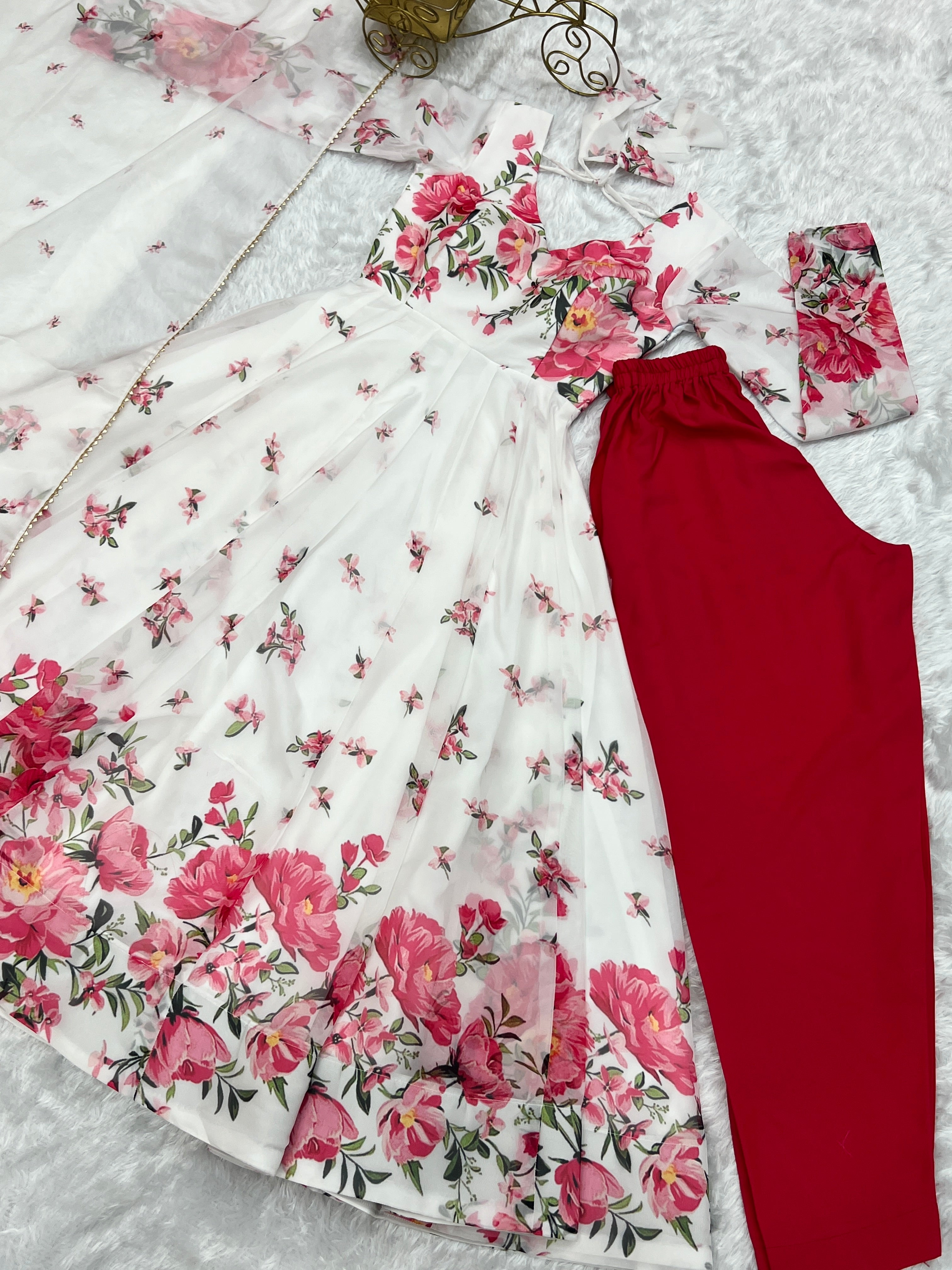 Polished White Organza Silk Floral Printed Anarkali Pant Suit