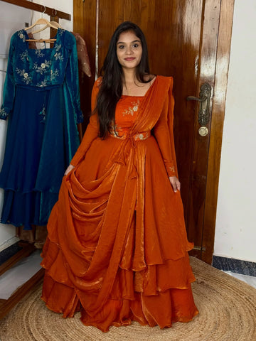 Orange Fendy Silk Sequin Embroidered Lehenga Choli Set