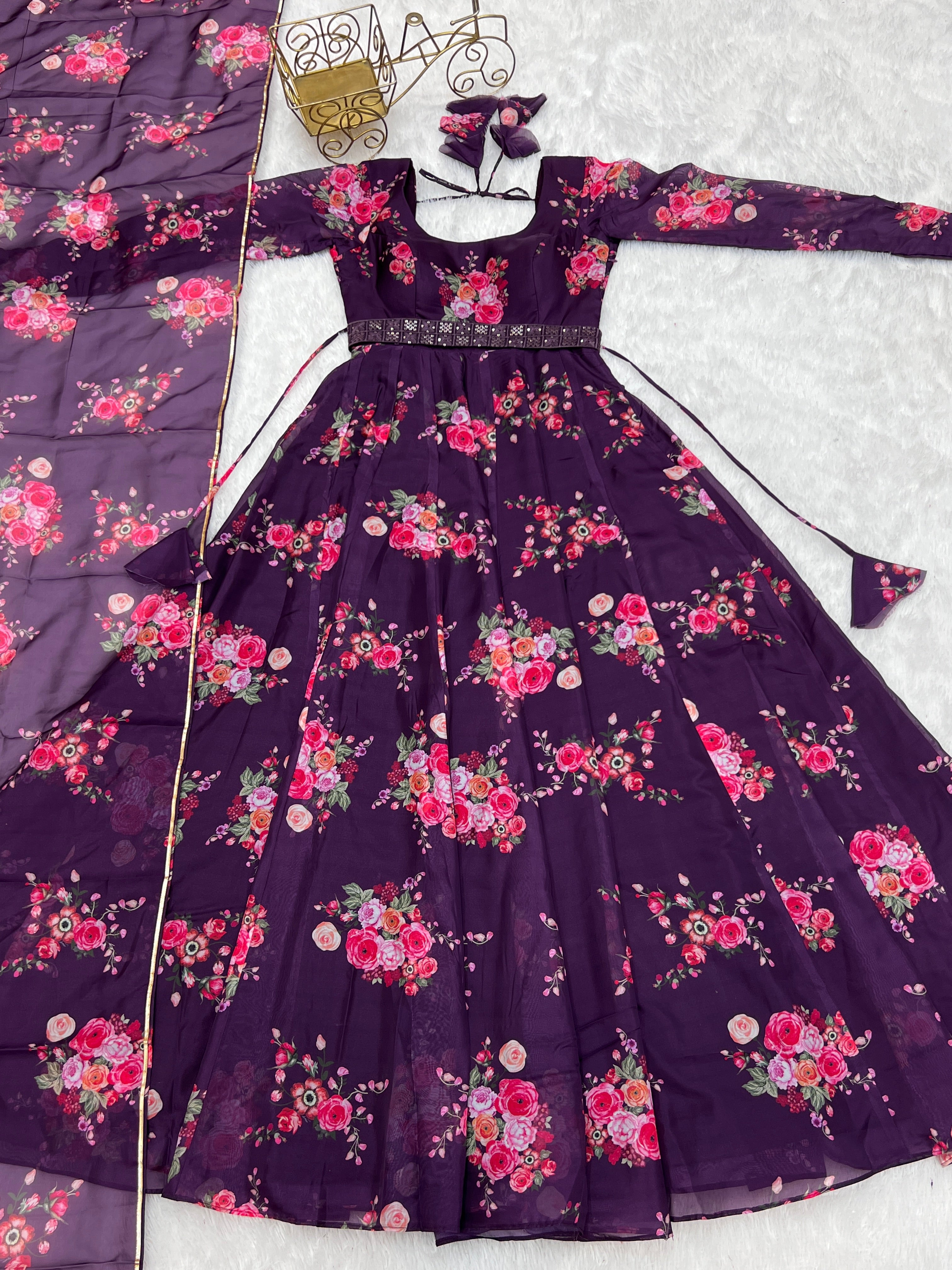 Glamorous Organza Silk Floral Printed Designer Anarkali Pant Suit