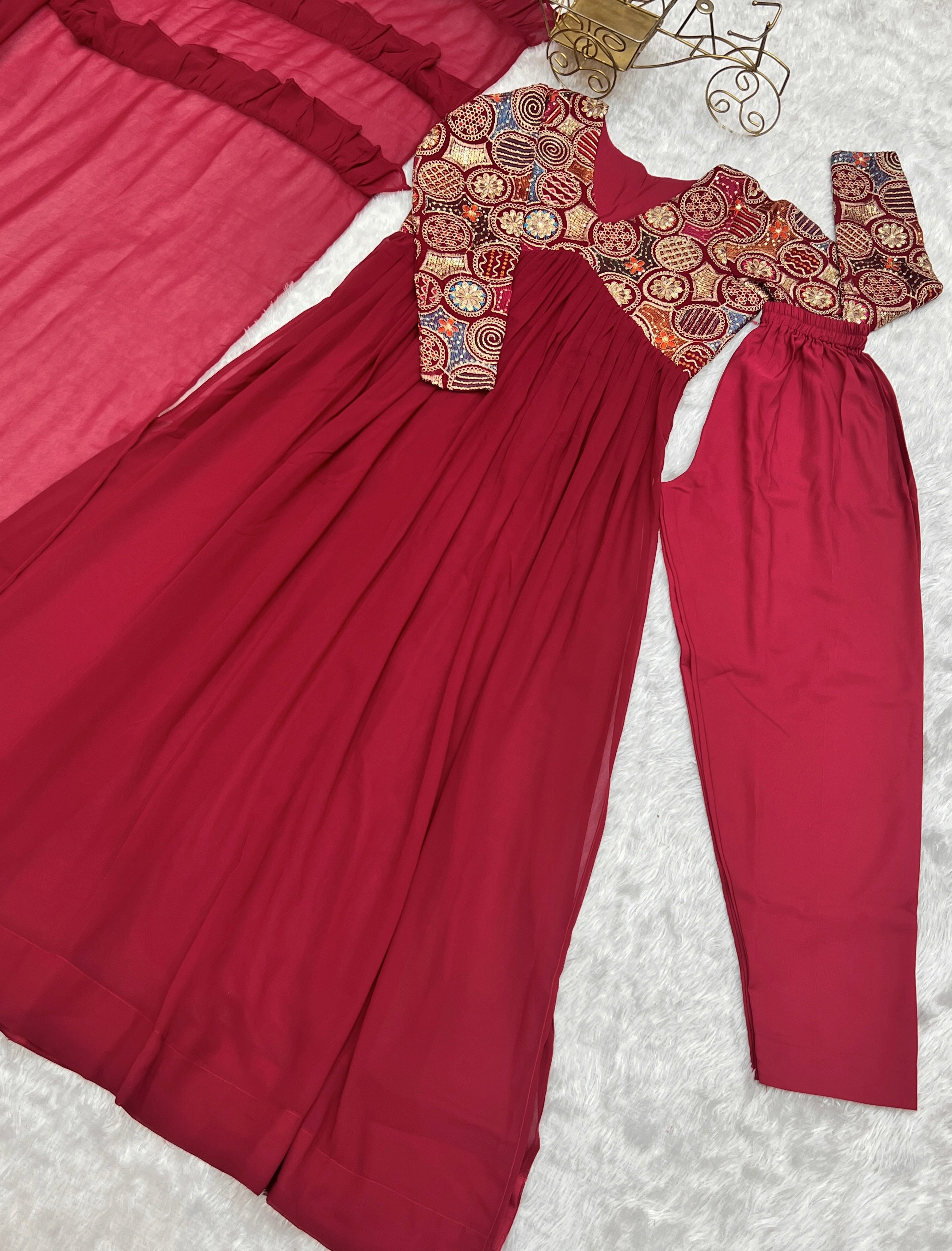 Classy Red Faux Georgette Sequins Dori Thread Zari Worked Anarkali Pant Suit