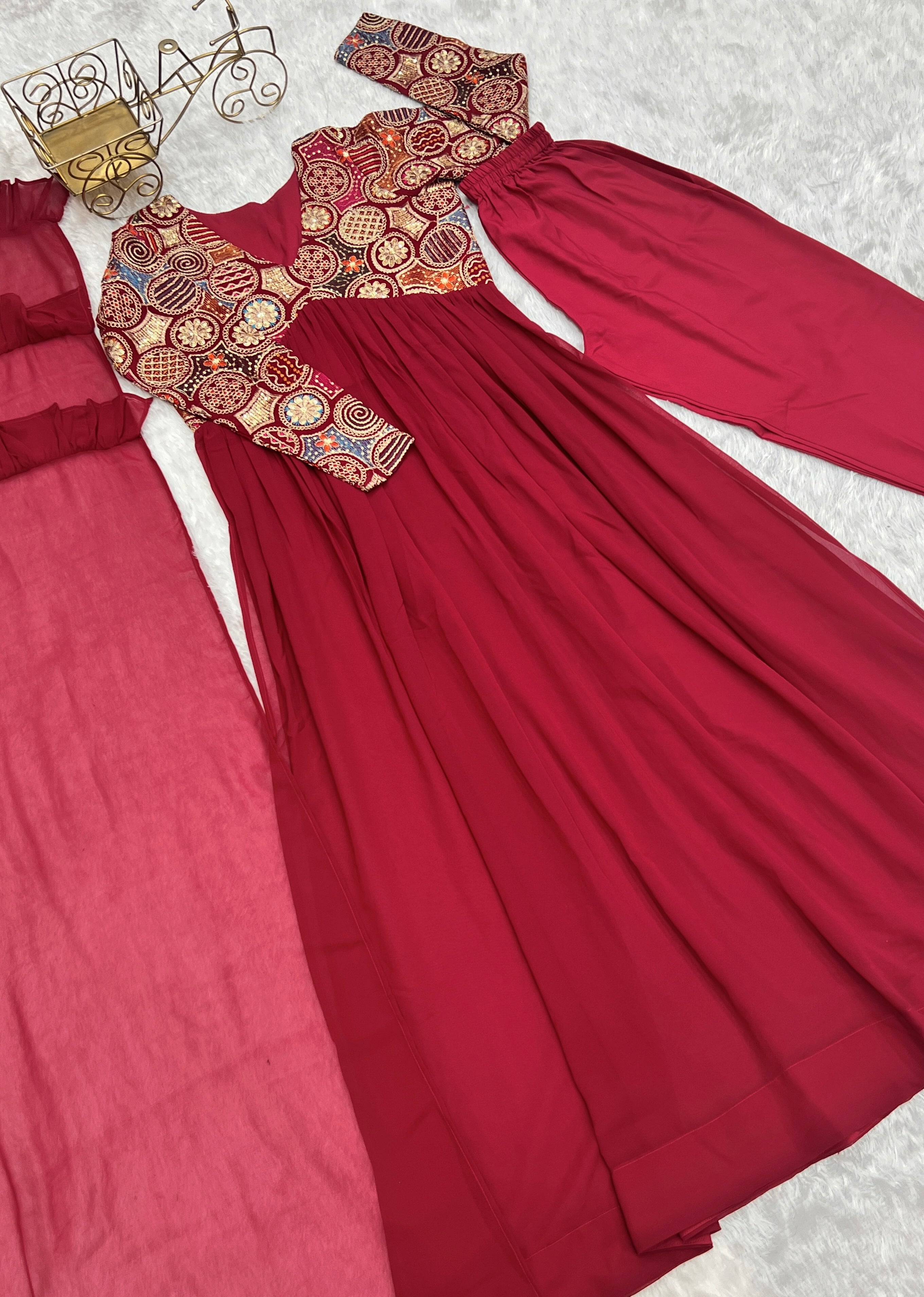 Classy Red Faux Georgette Sequins Dori Thread Zari Worked Anarkali Pant Suit