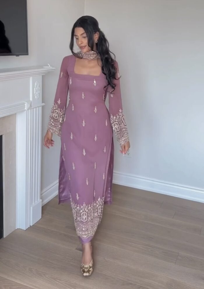 Pink Faux Georgette Bead Embroidered Anarkali Kurta Set