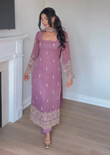 Pink Faux Georgette Bead Embroidered Anarkali Kurta Set