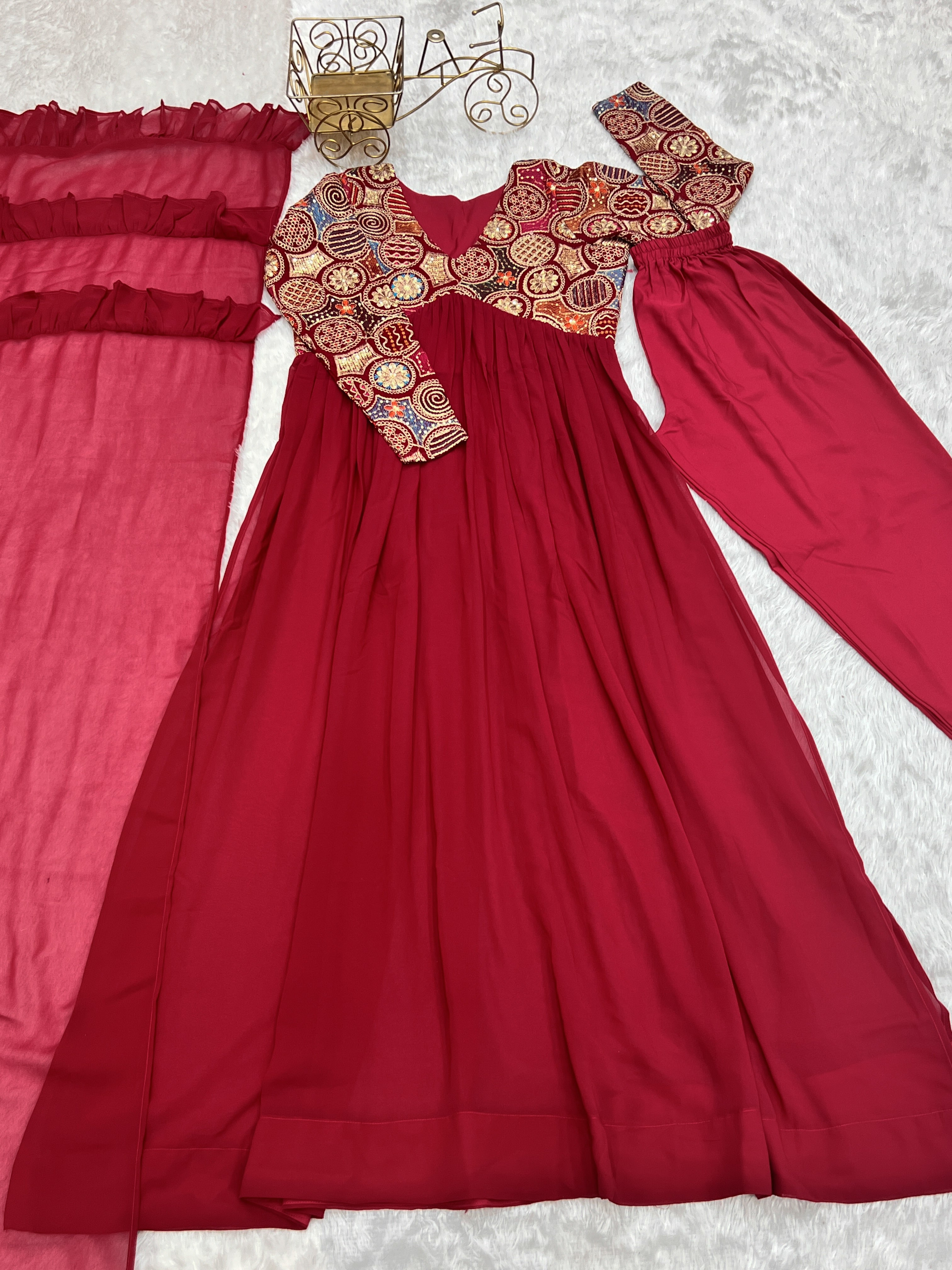 Classy Red Faux Georgette Sequins Dori Thread Zari Worked Anarkali Pant Suit