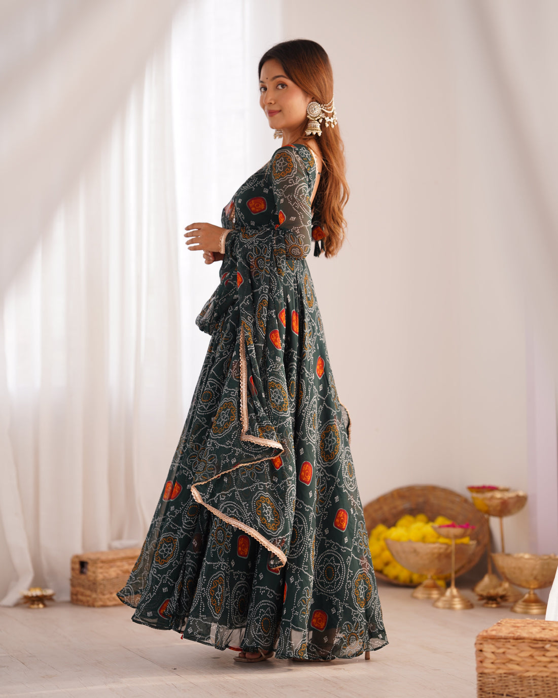 Green Bandhani Chiffon Anarkali Gown with Dupatta