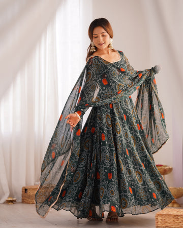 Green Bandhani Chiffon Anarkali Gown with Dupatta