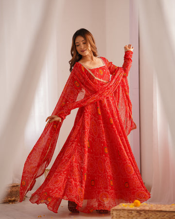 Red Bandhani Chiffon Anarkali Gown with Dupatta