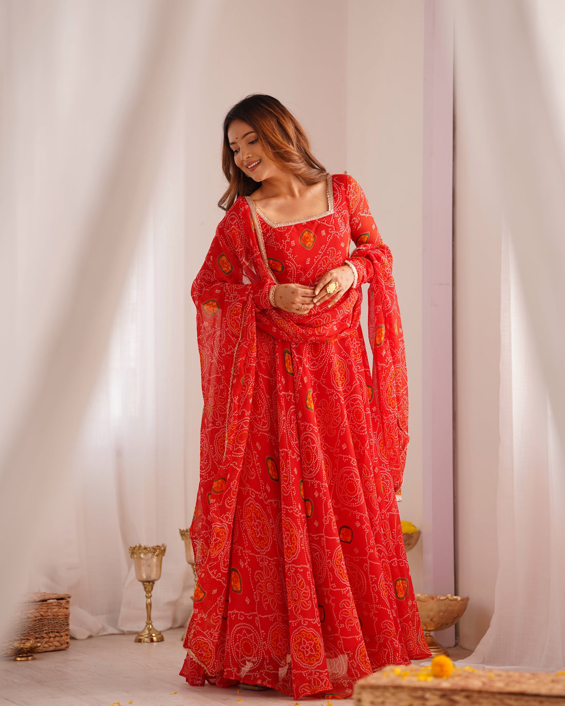 Red Bandhani Chiffon Anarkali Gown with Dupatta