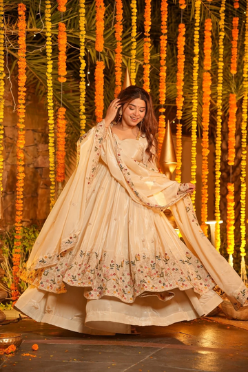 White Crunchy Silk Slit Anarkali Palazzo Suit Set