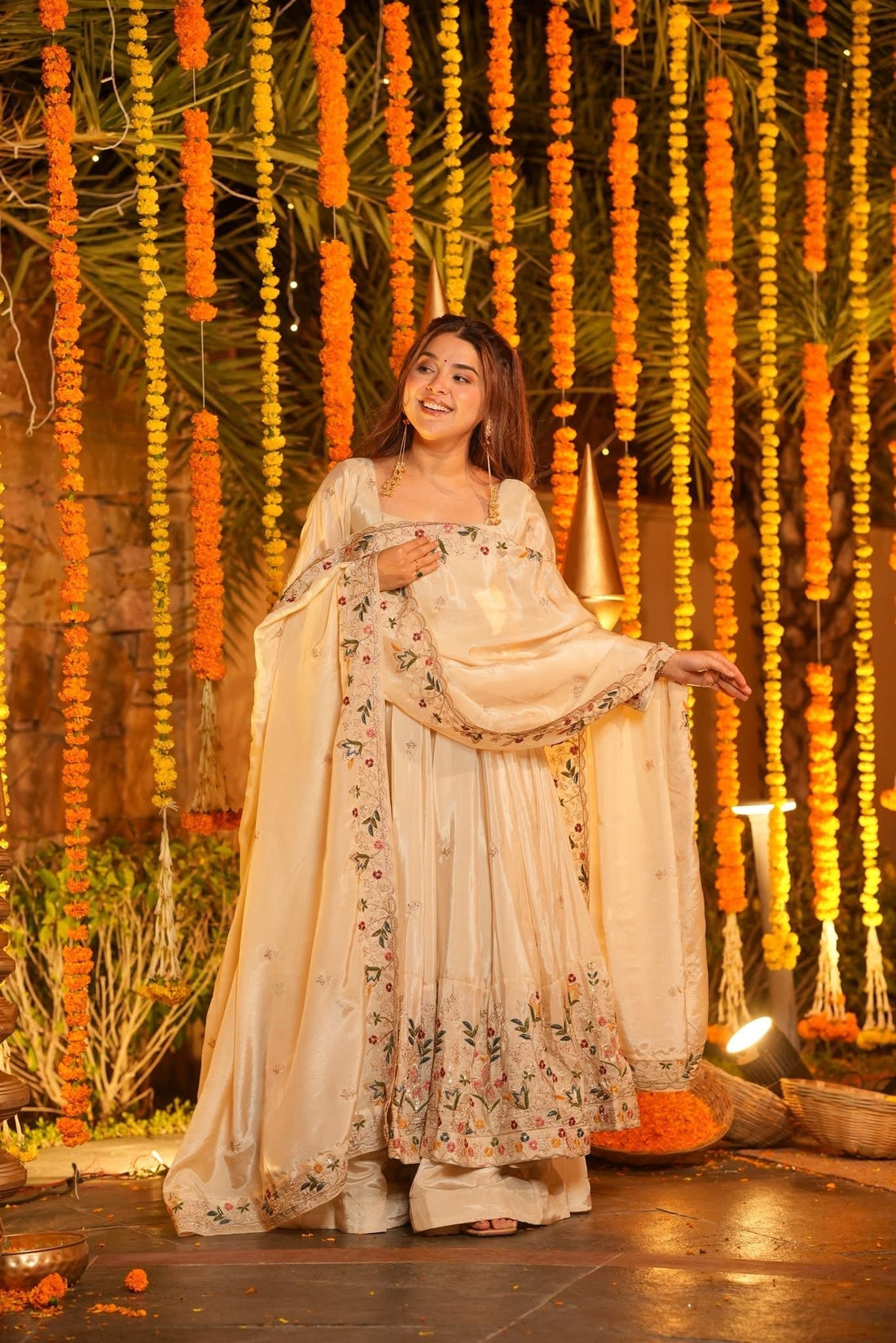 White Crunchy Silk Slit Anarkali Palazzo Suit Set