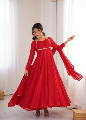 Red Faux Georgette Flared Anarkali Suit Set