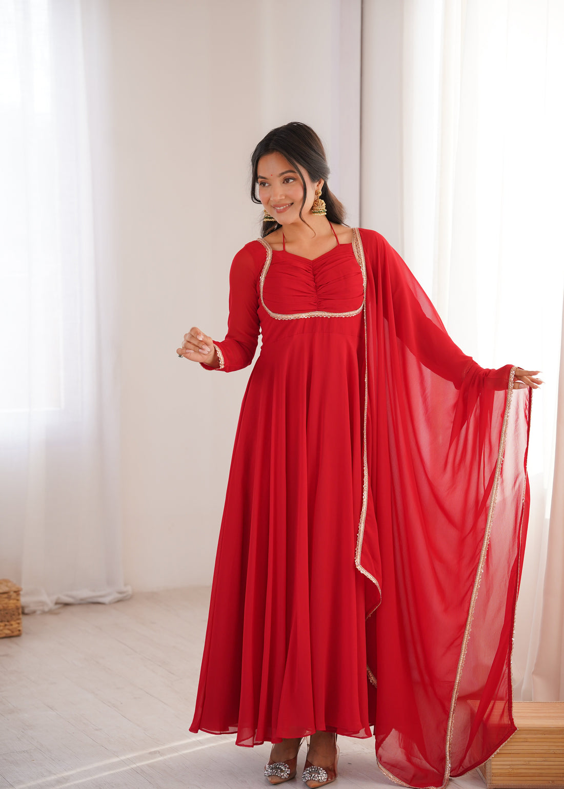 Red Faux Georgette Flared Anarkali Suit Set