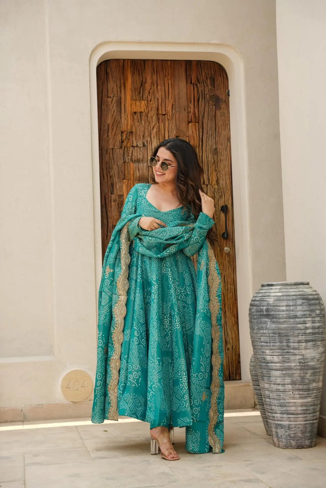 Green Bandhani Muslin Anarkali Suit Set