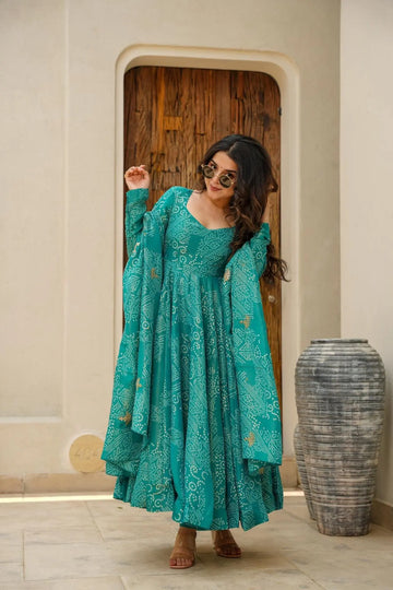 Green Bandhani Muslin Anarkali Suit Set