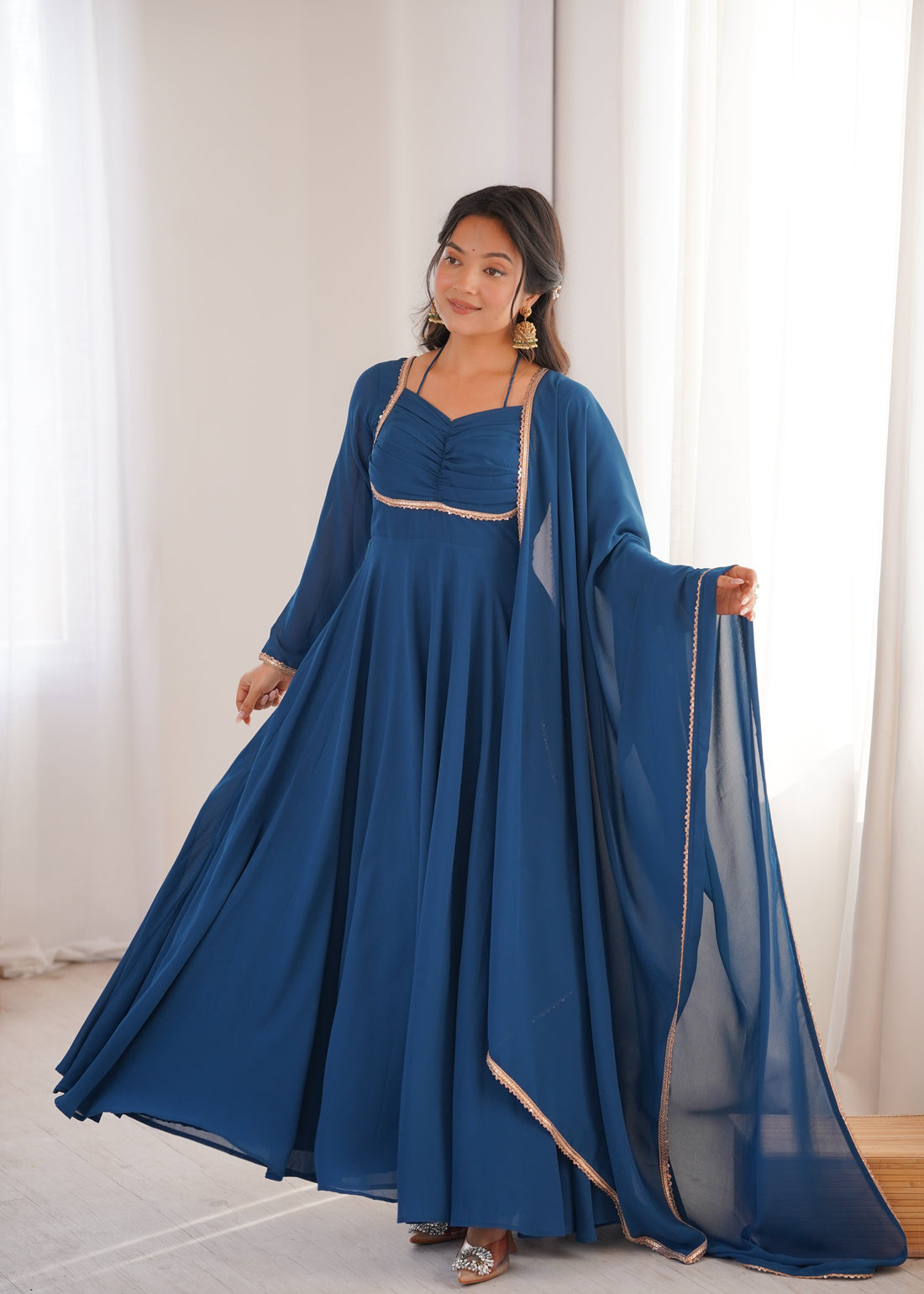 Blue Faux Georgette Flared Anarkali Suit Set