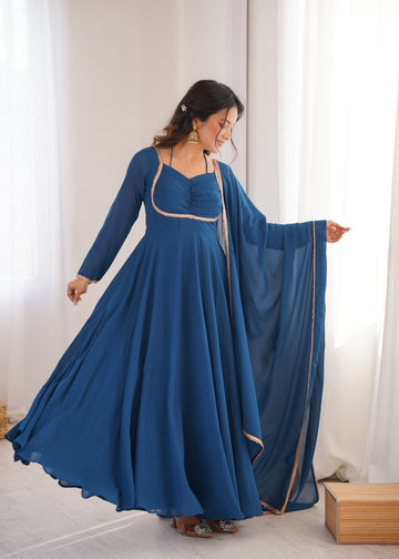Blue Faux Georgette Flared Anarkali Suit Set