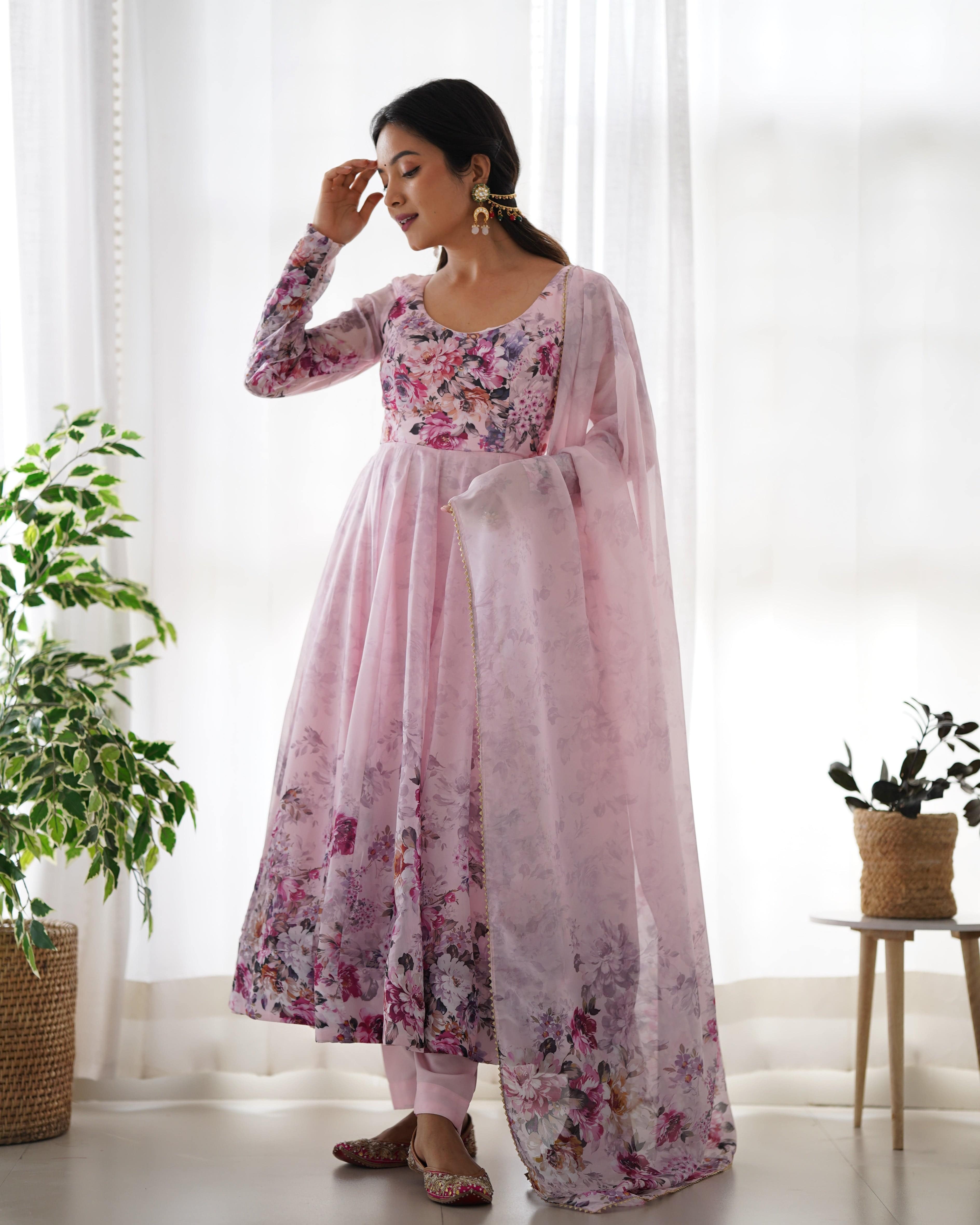 Lovely Organza Silk Floral Digital Printed Anarkali Pant Suit