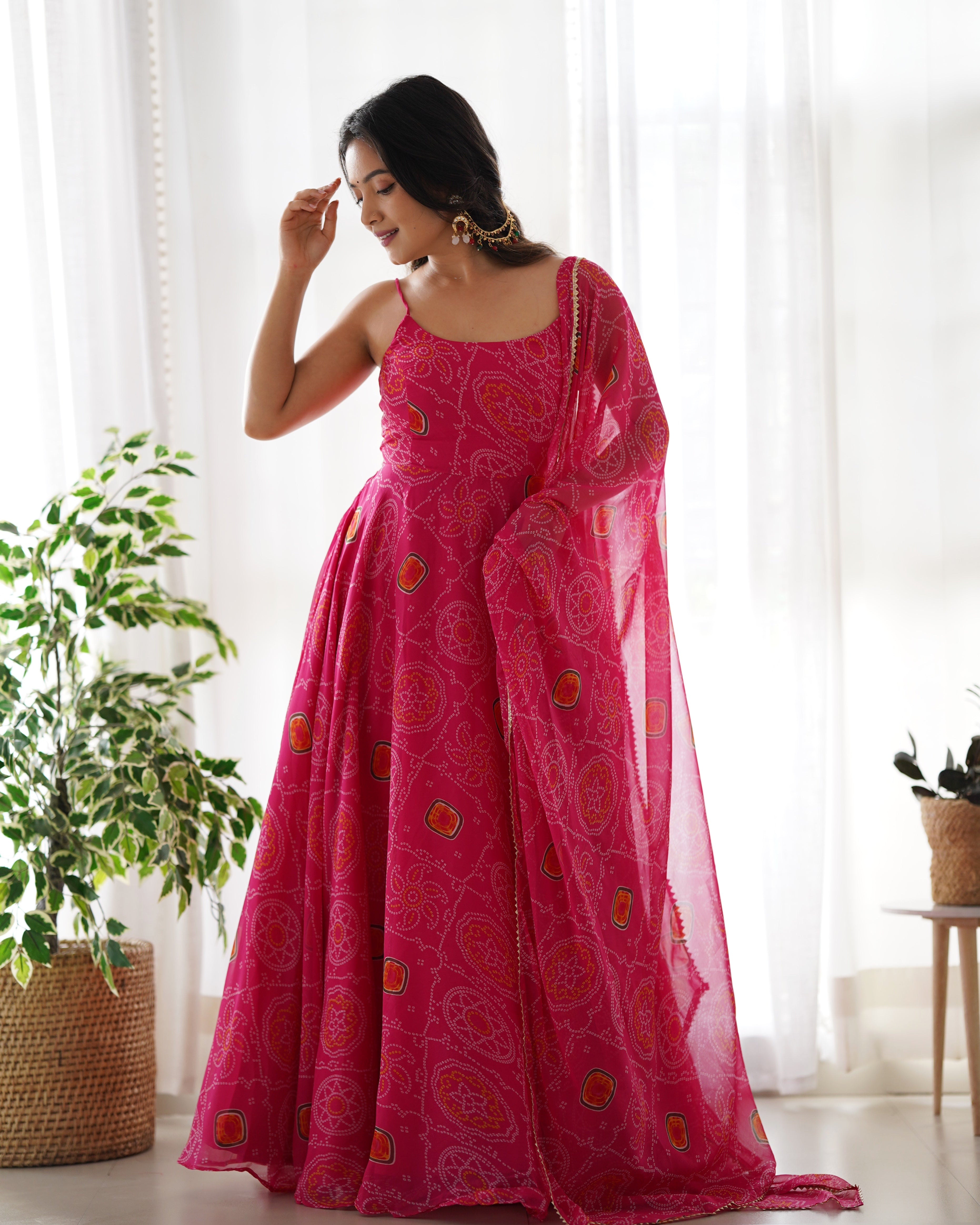 Spectacular Pink Chiffon Bandhej Printed Stitched Anarkali Pant Suit