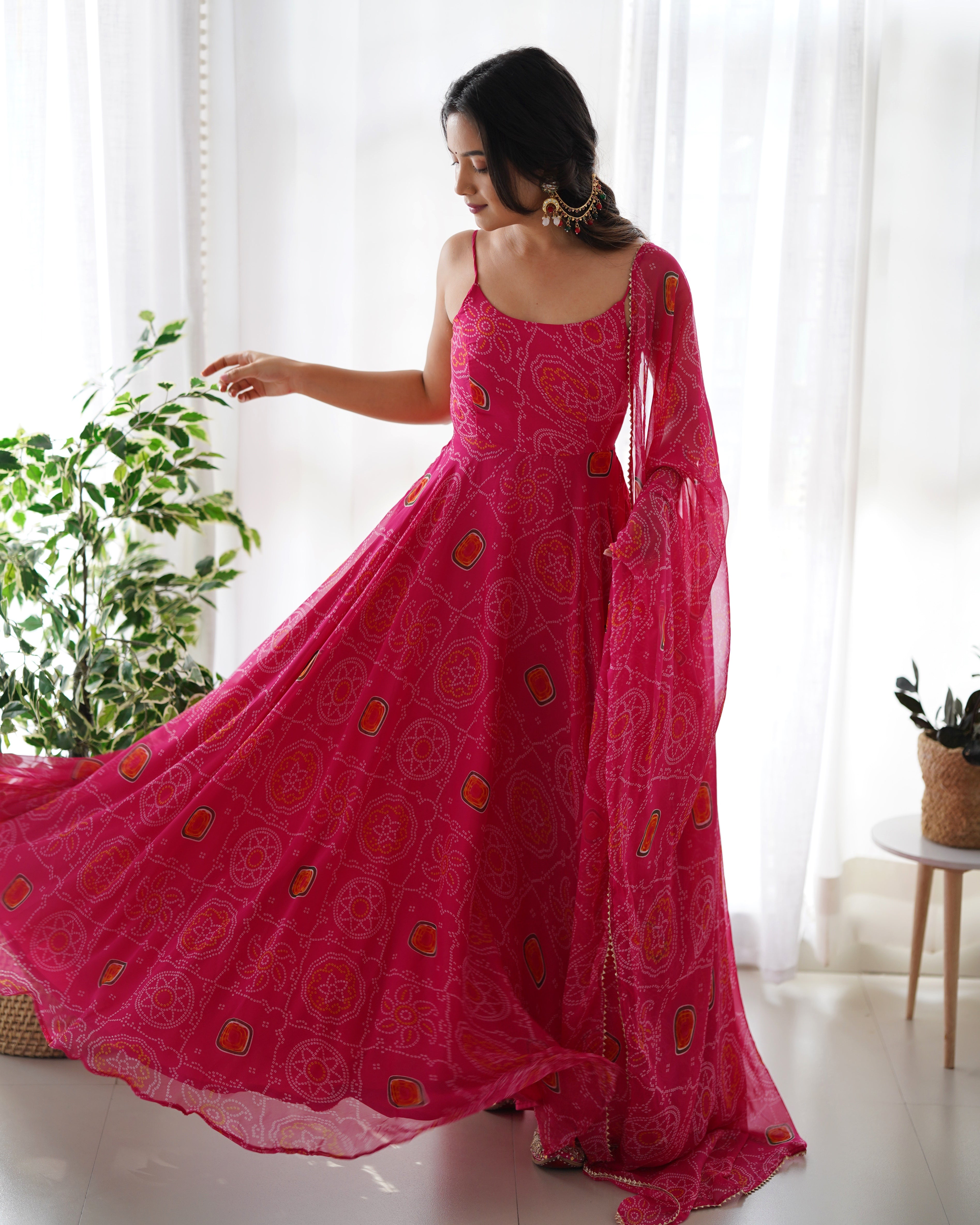 Spectacular Pink Chiffon Bandhej Printed Stitched Anarkali Pant Suit