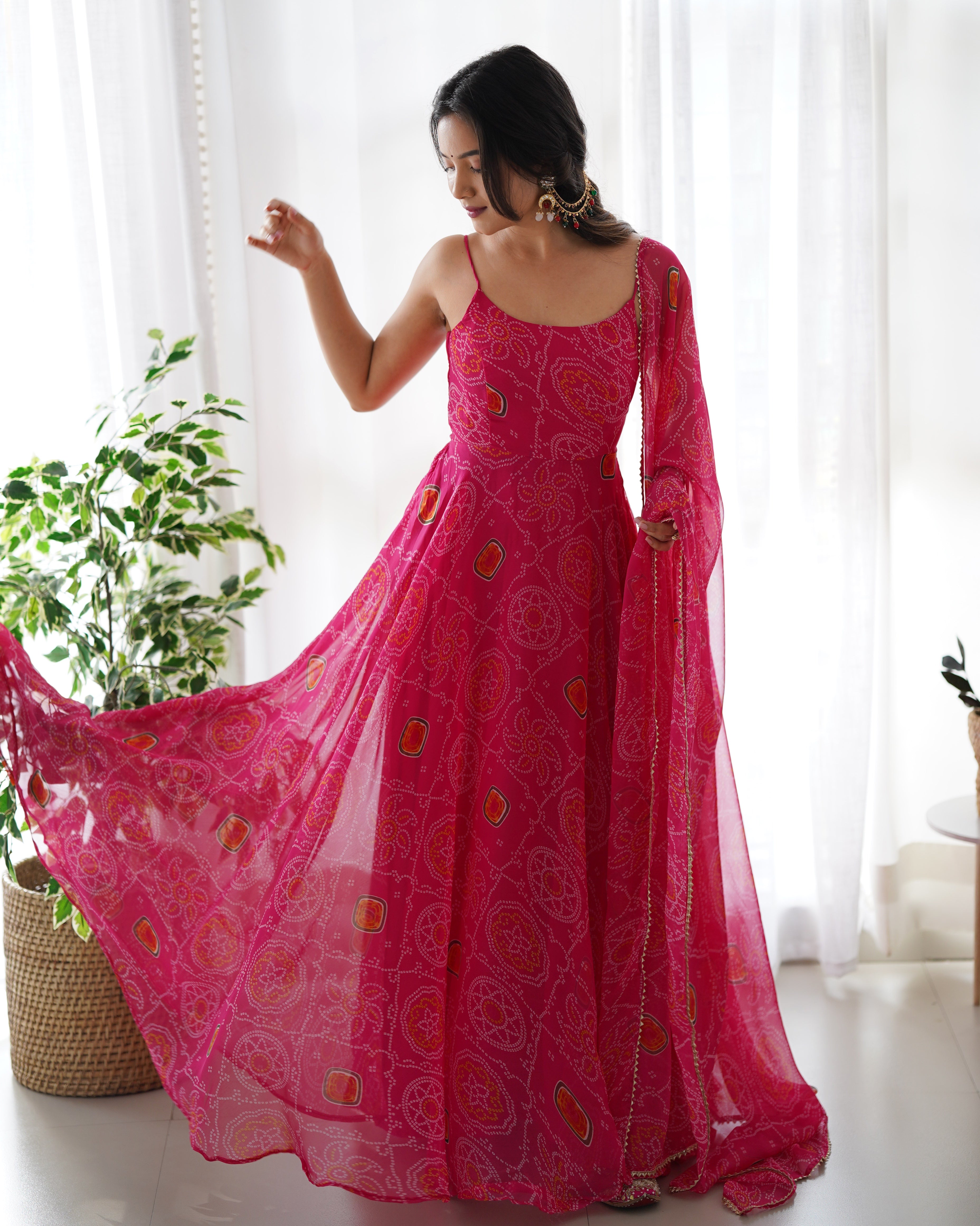 Spectacular Pink Chiffon Bandhej Printed Stitched Anarkali Pant Suit