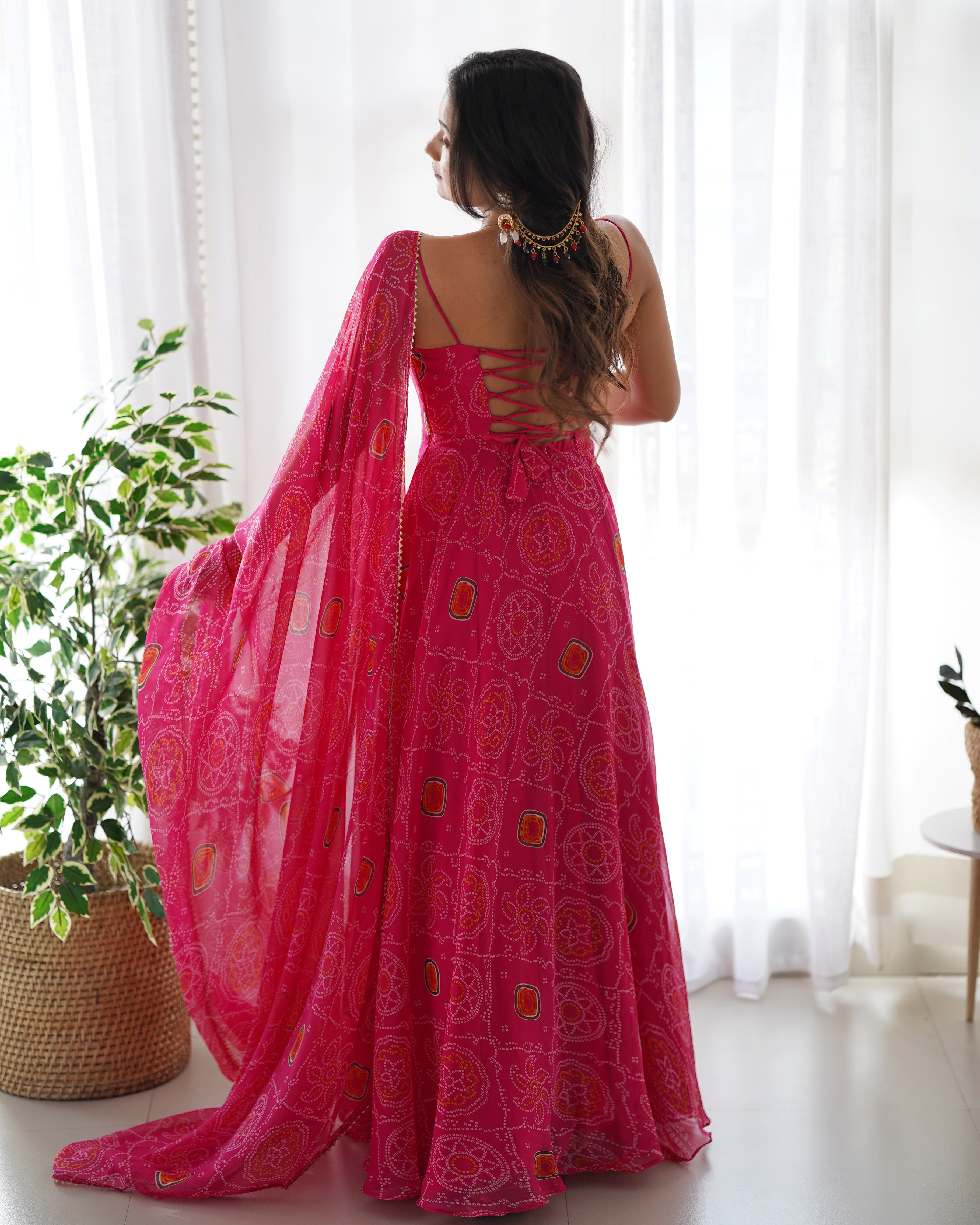 Spectacular Pink Chiffon Bandhej Printed Stitched Anarkali Pant Suit