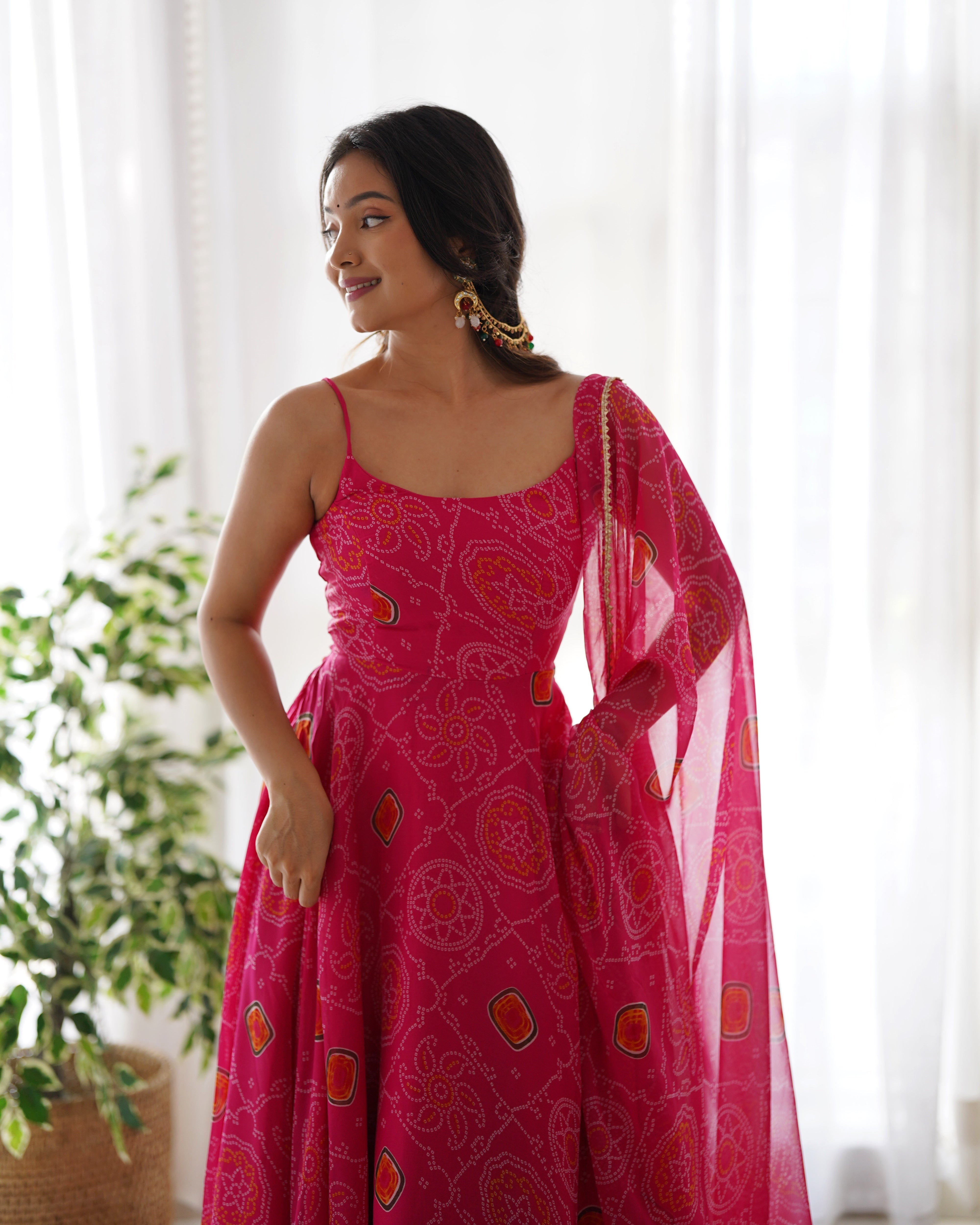 Spectacular Pink Chiffon Bandhej Printed Stitched Anarkali Pant Suit
