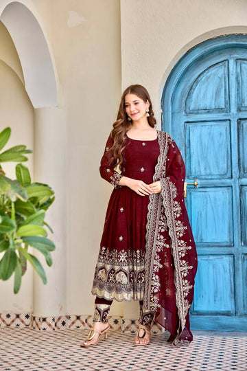 Maroon Crunchy Silk Embroidered Anarkali Suit Set
