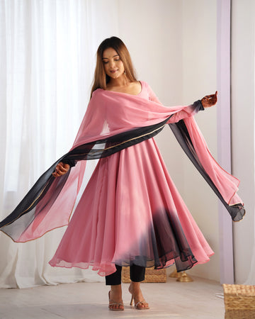 Pink & Black Faux Georgette Anarkali Suit Set
