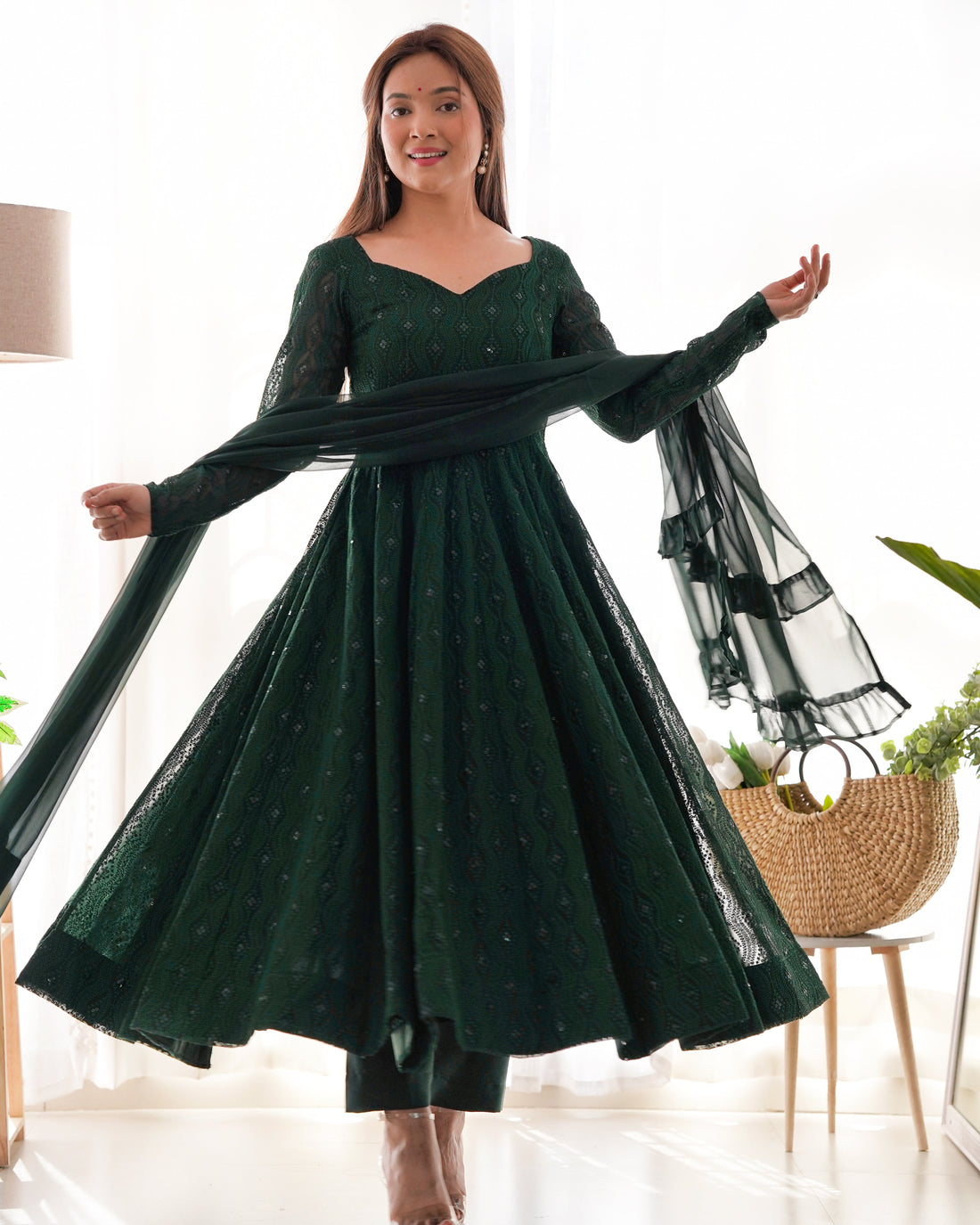 Bottle Green Lucknowi Faux Georgette Anarkali Suit Set