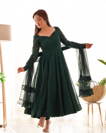 Bottle Green Lucknowi Faux Georgette Anarkali Suit Set