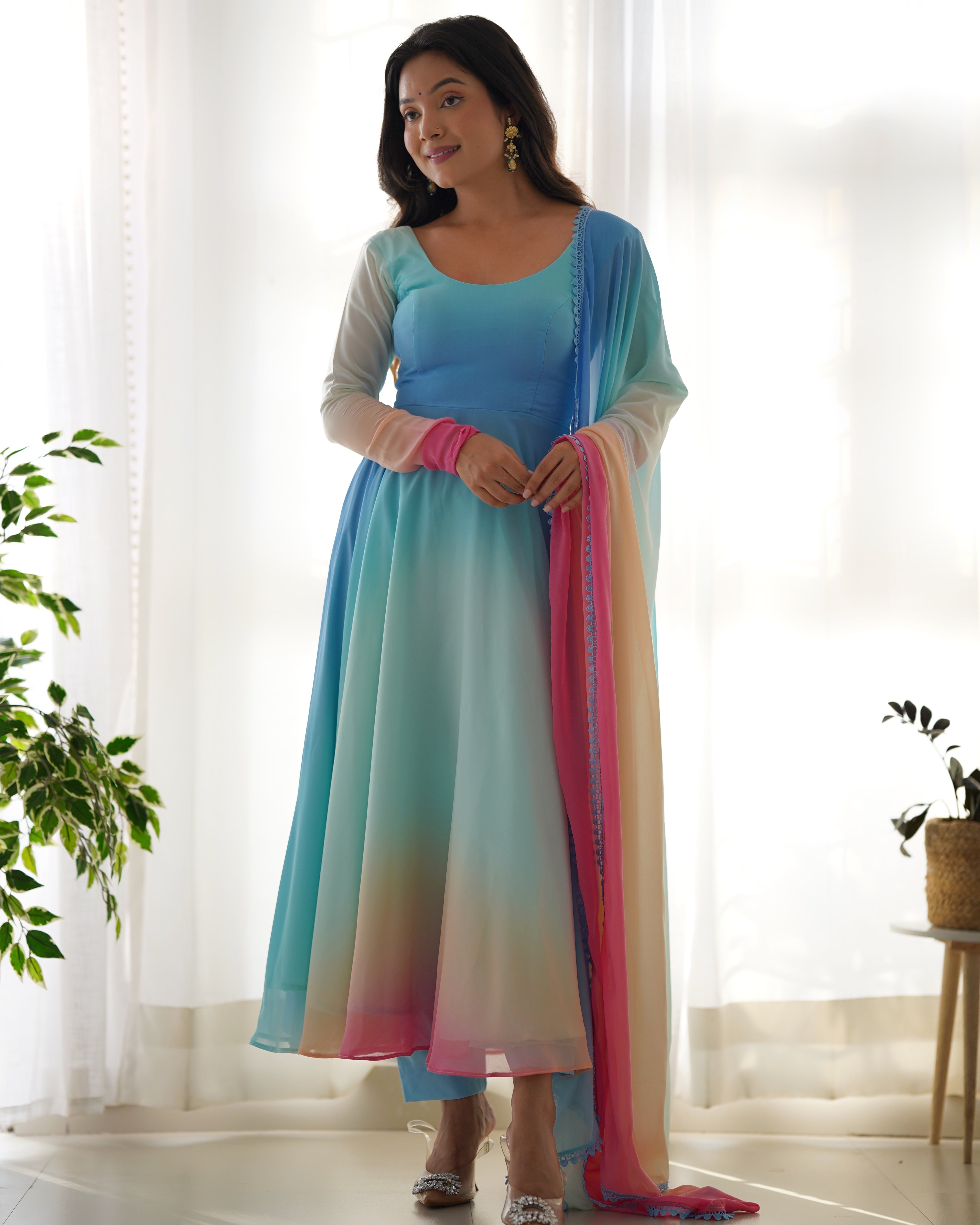 Enchanting Shaded Faux Georgette Fully Stitched Anarkali Pant Suit