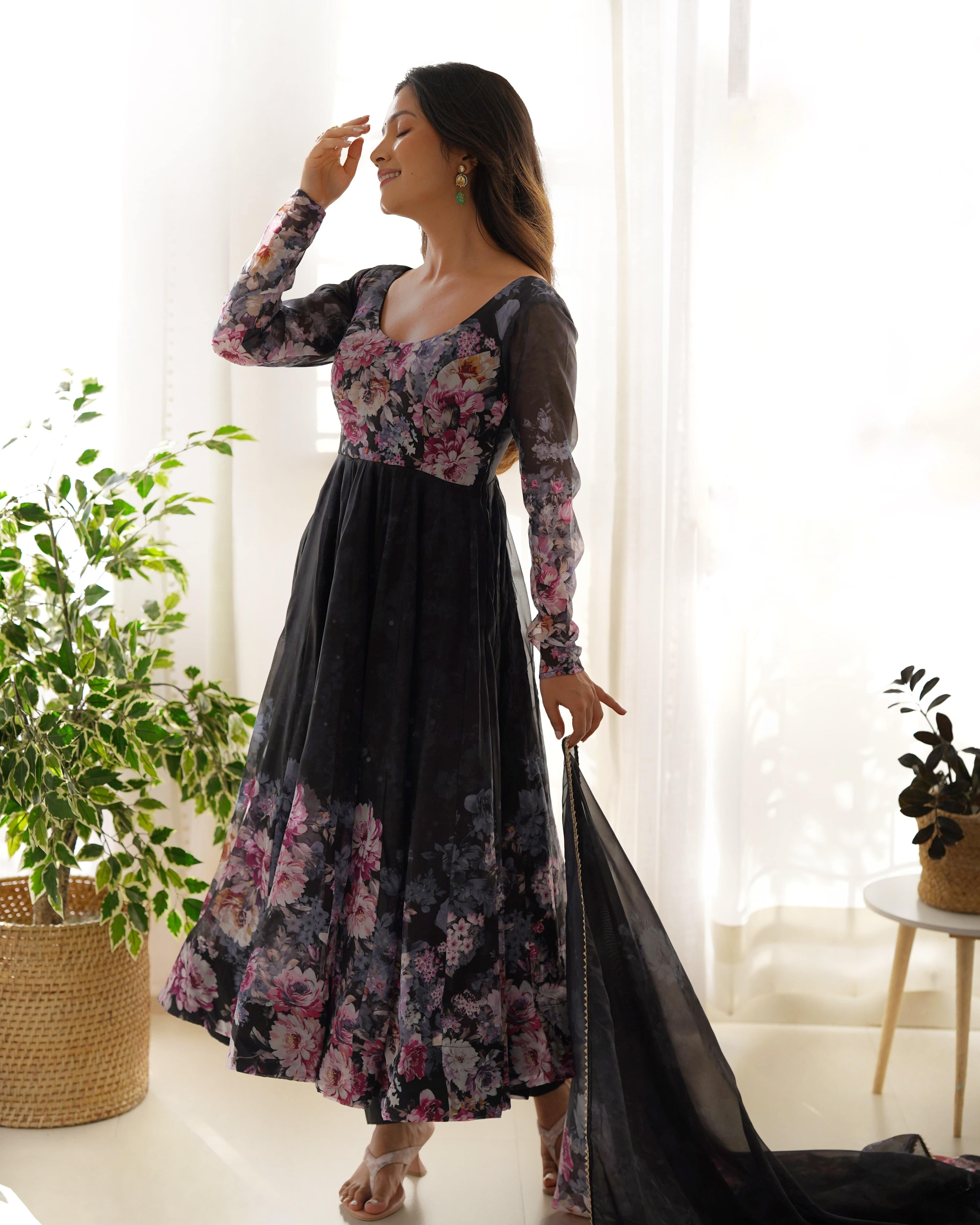 Lovely Organza Silk Floral Digital Printed Anarkali Pant Suit