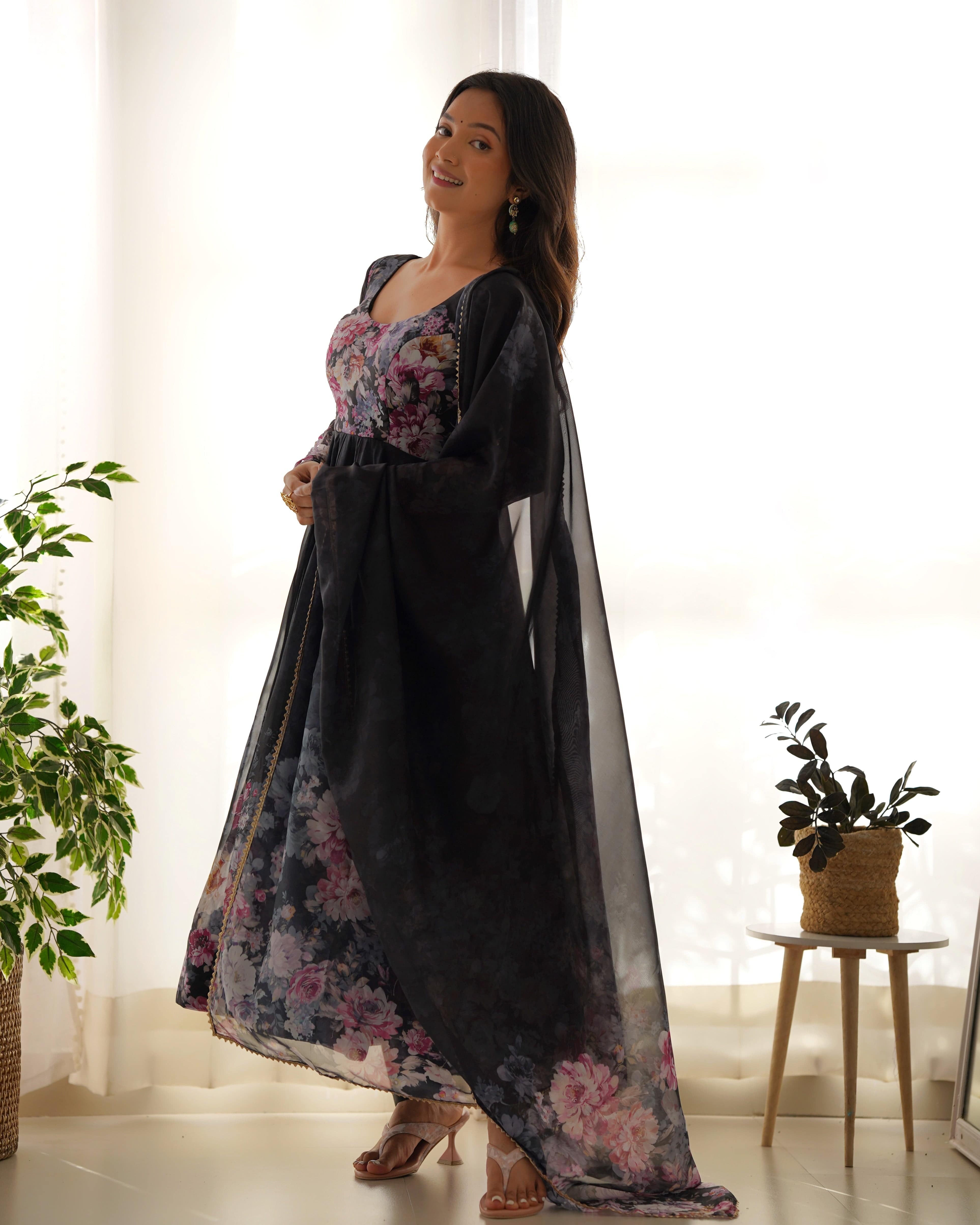 Lovely Organza Silk Floral Digital Printed Anarkali Pant Suit