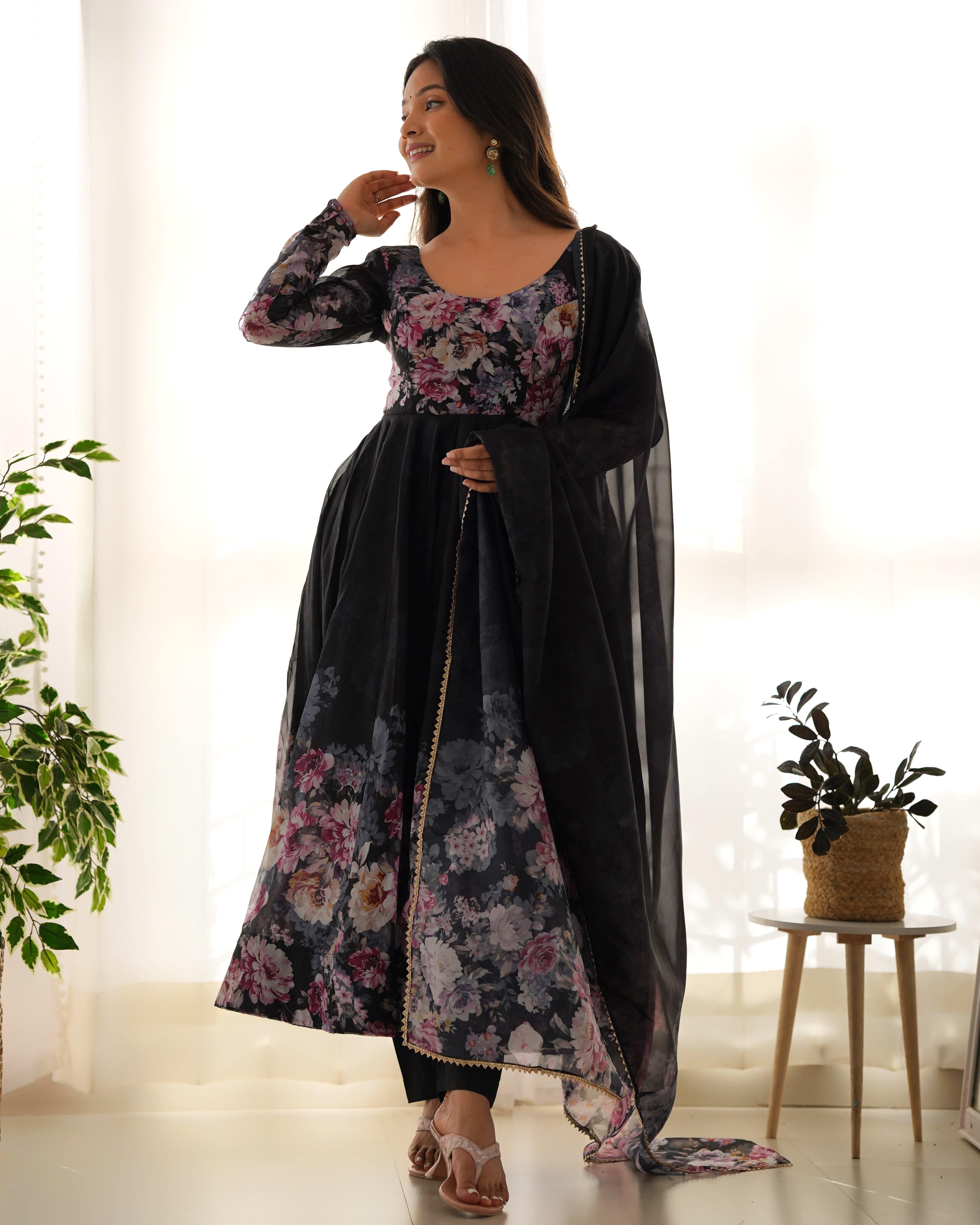 Lovely Organza Silk Floral Digital Printed Anarkali Pant Suit