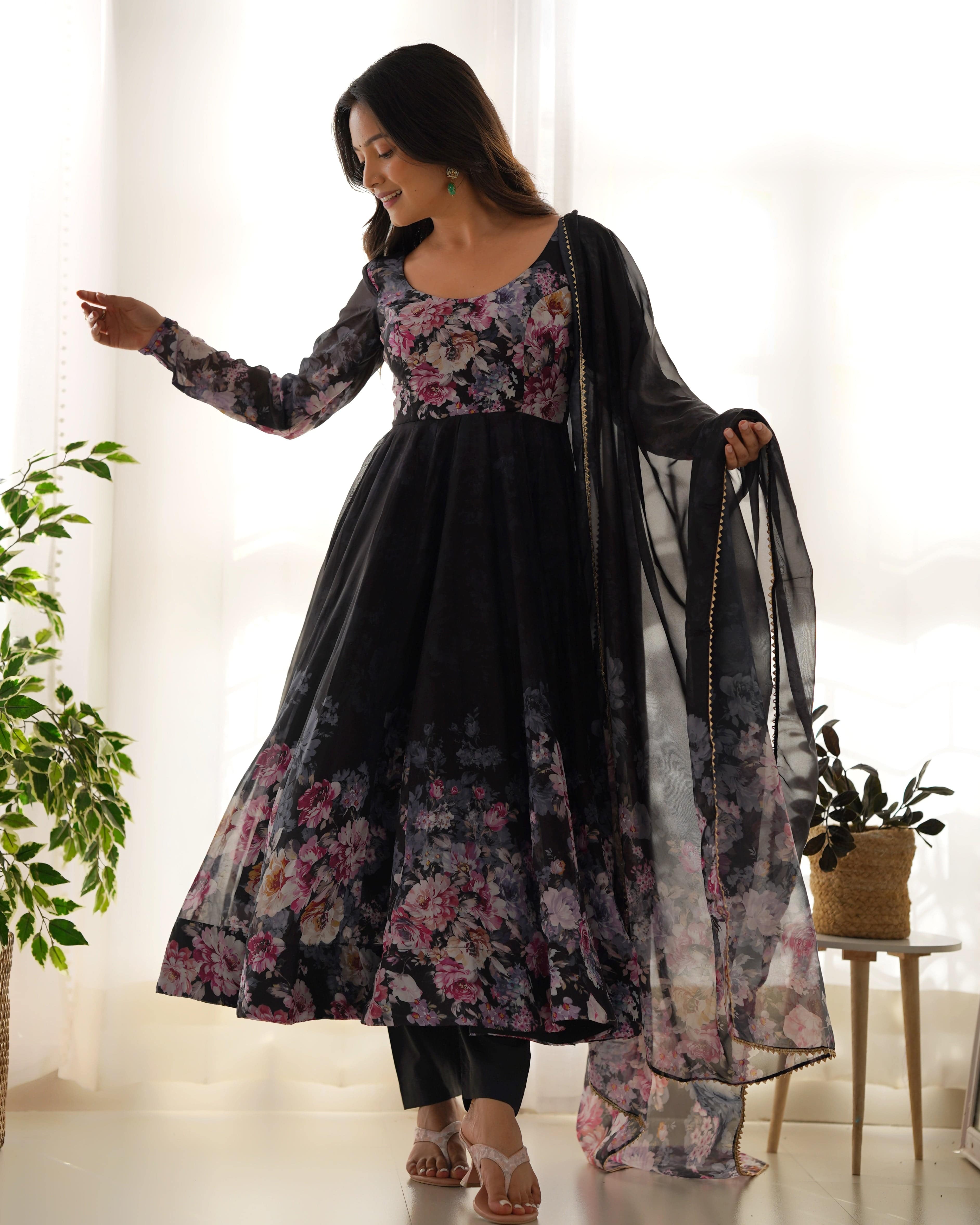 Lovely Organza Silk Floral Digital Printed Anarkali Pant Suit