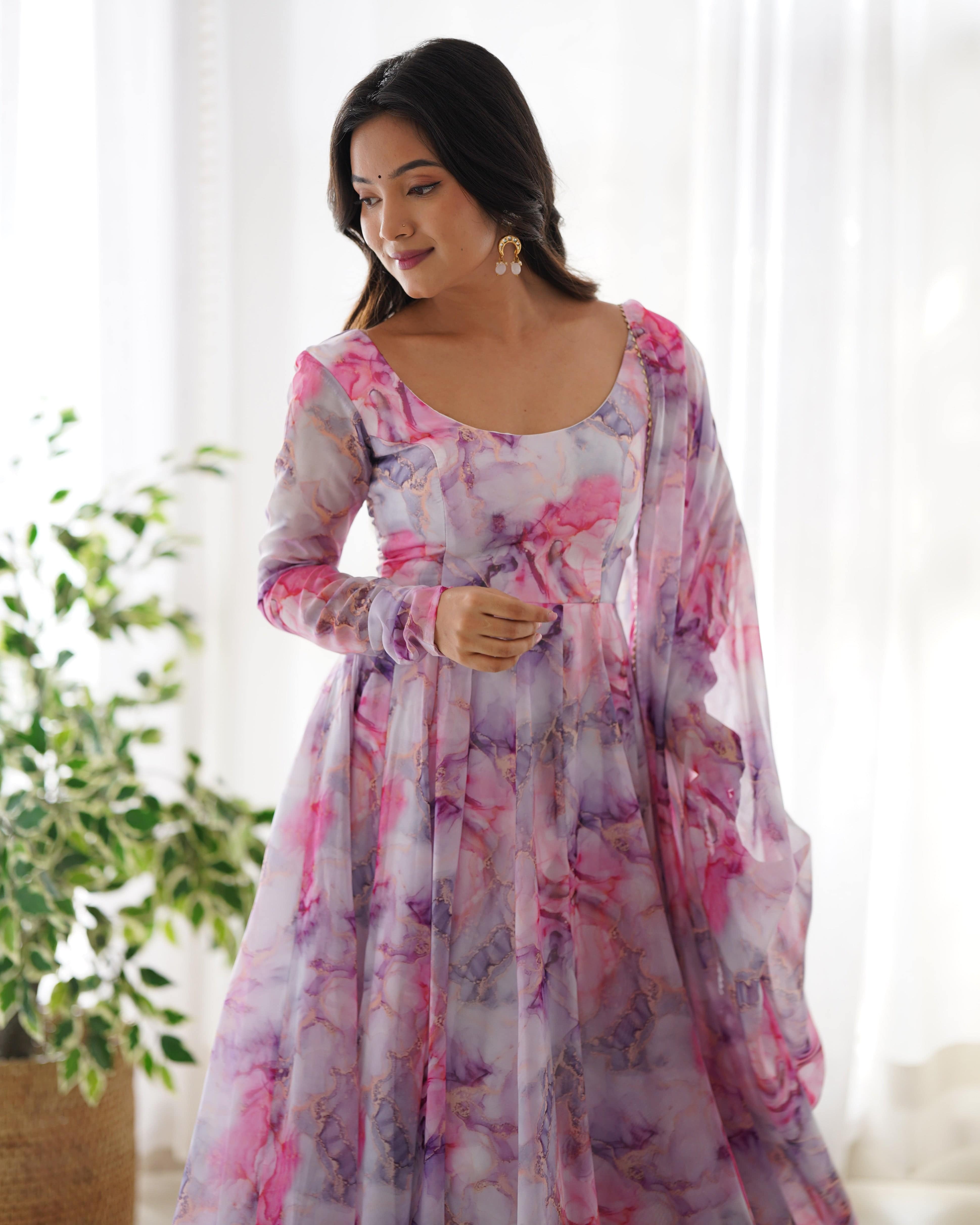 Graceful Organza Silk Floral Digital Printed Anarkali Pant Suit