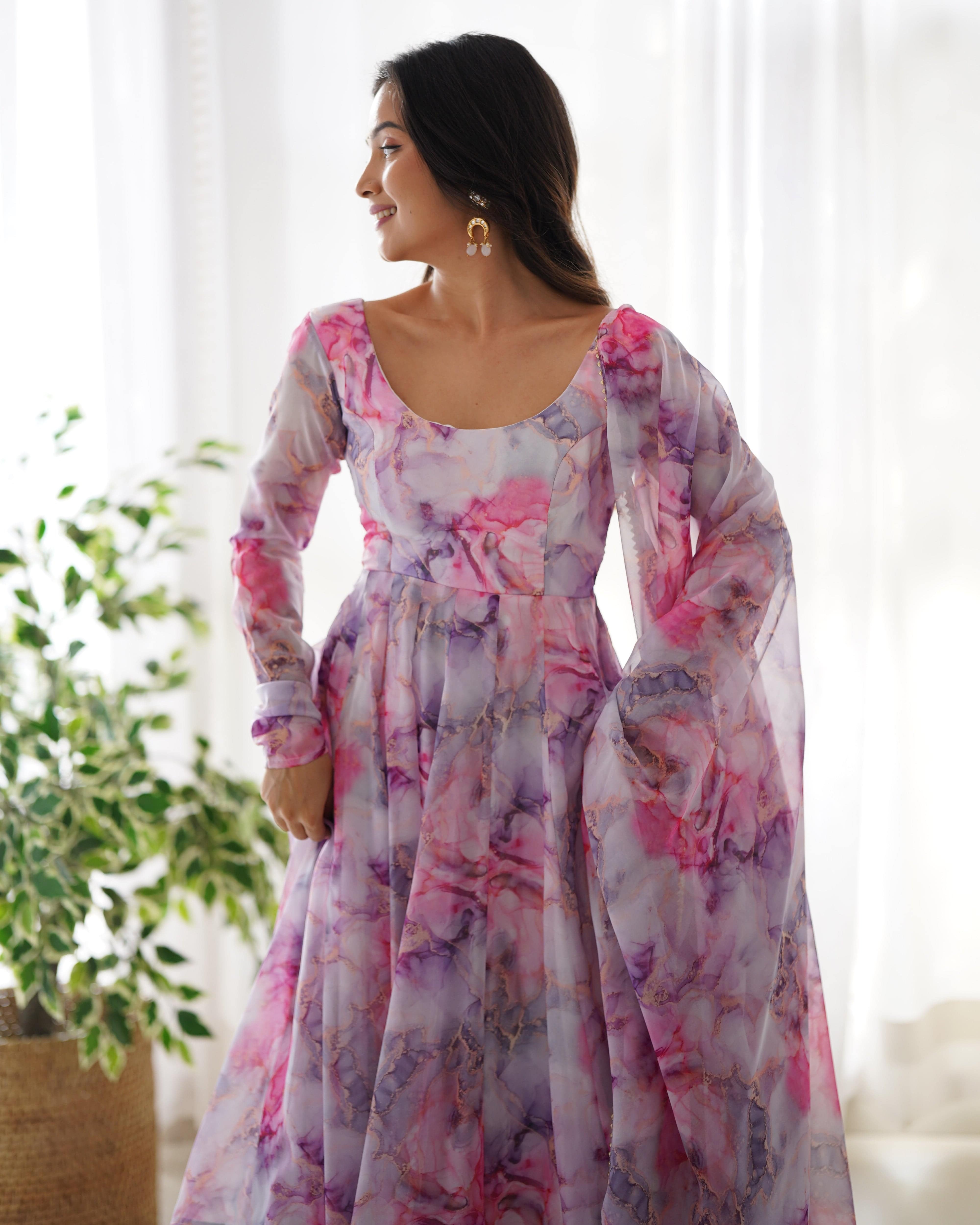 Graceful Organza Silk Floral Digital Printed Anarkali Pant Suit