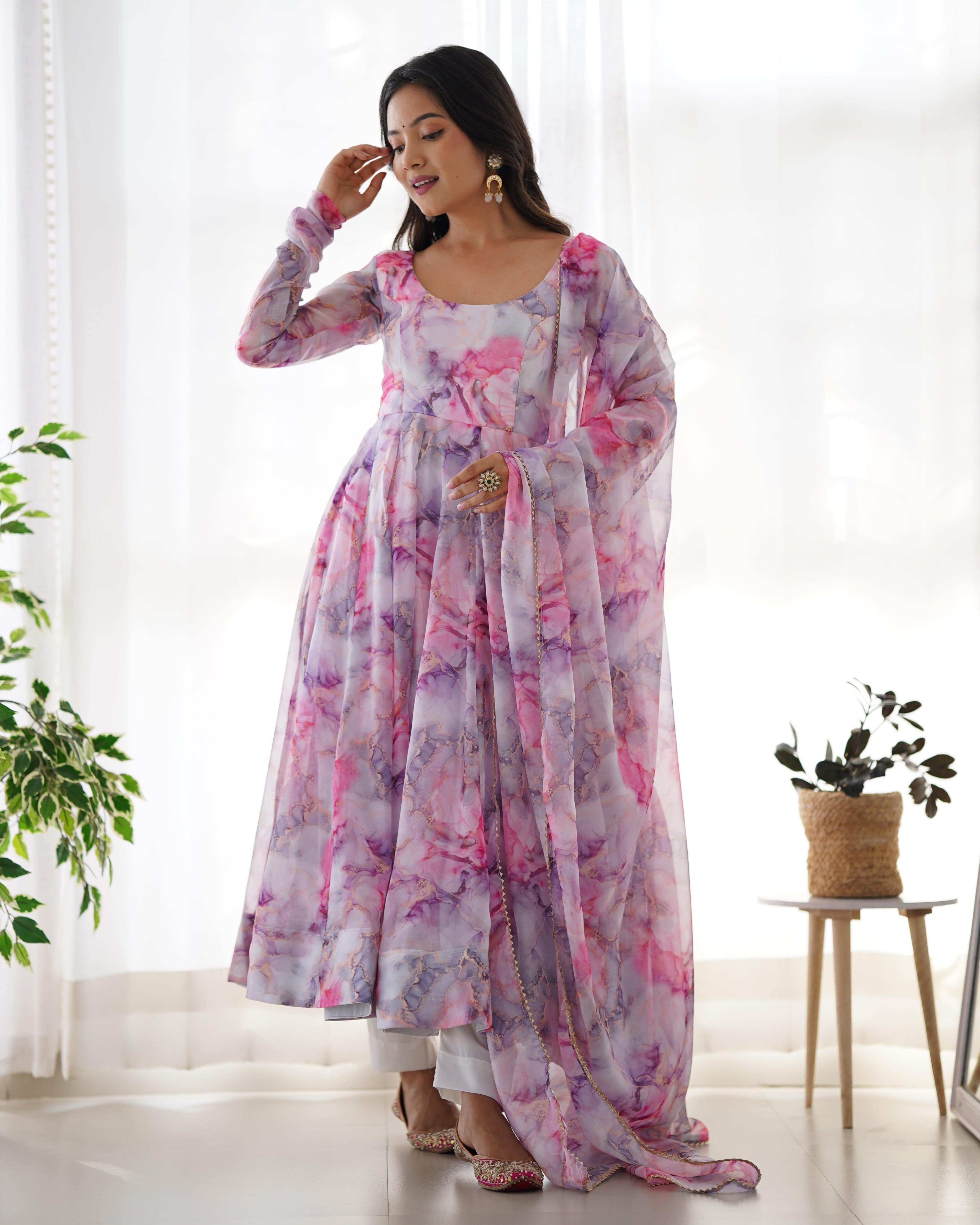 Graceful Organza Silk Floral Digital Printed Anarkali Pant Suit