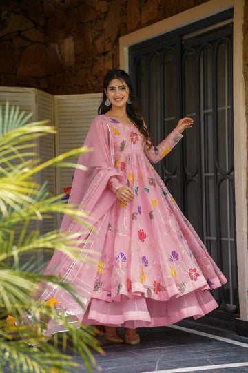 Pastel Pink Star Georgette Anarkali Sharara Set