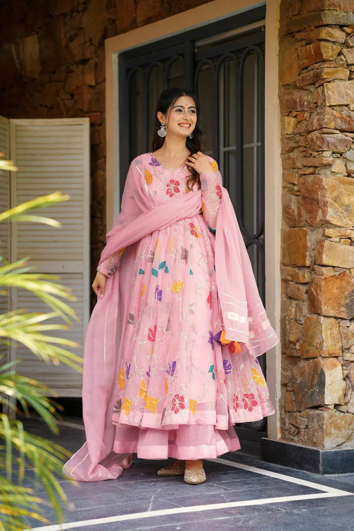 Pastel Pink Embroidered Anarkali with Sharara
