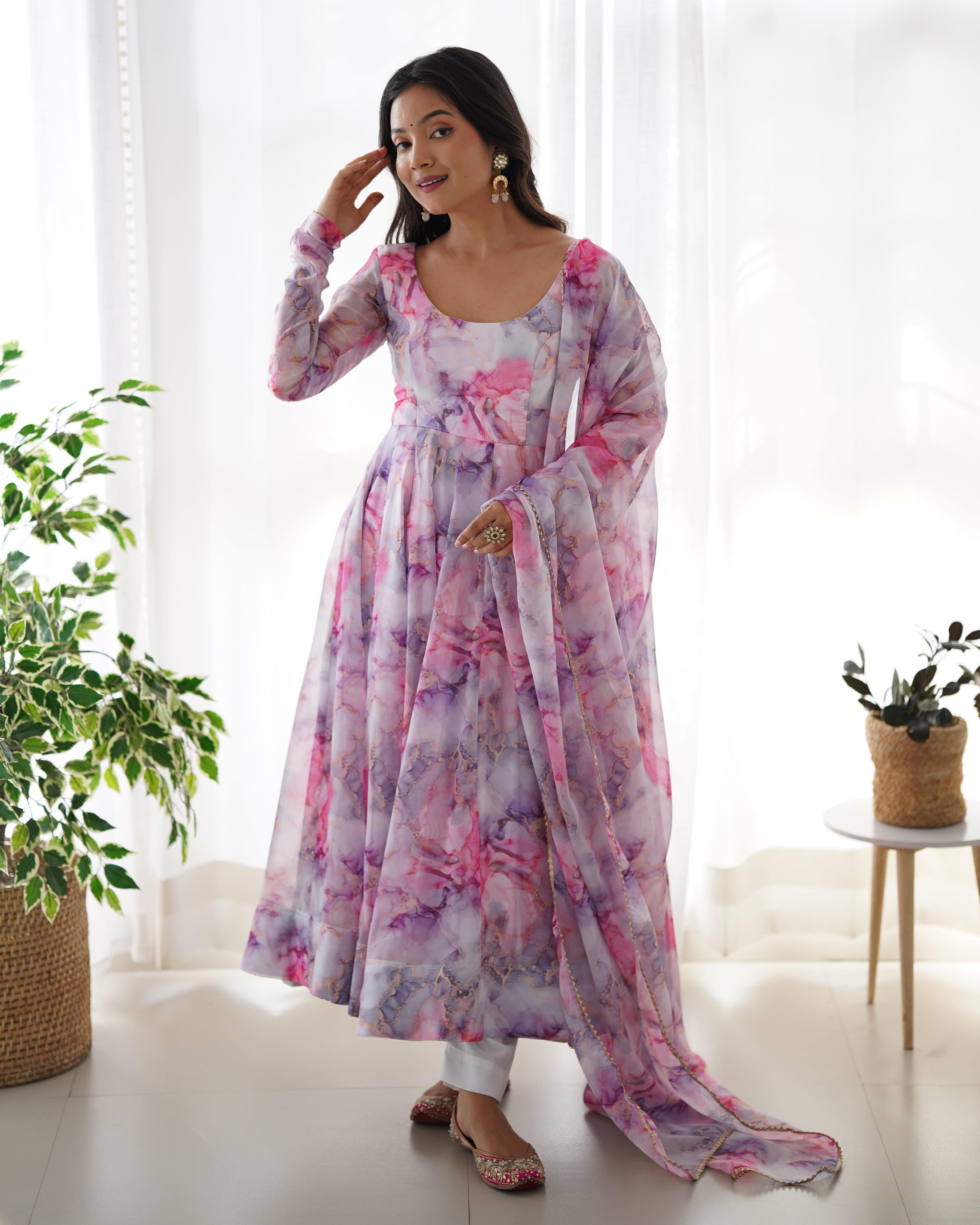 Graceful Organza Silk Floral Digital Printed Anarkali Pant Suit